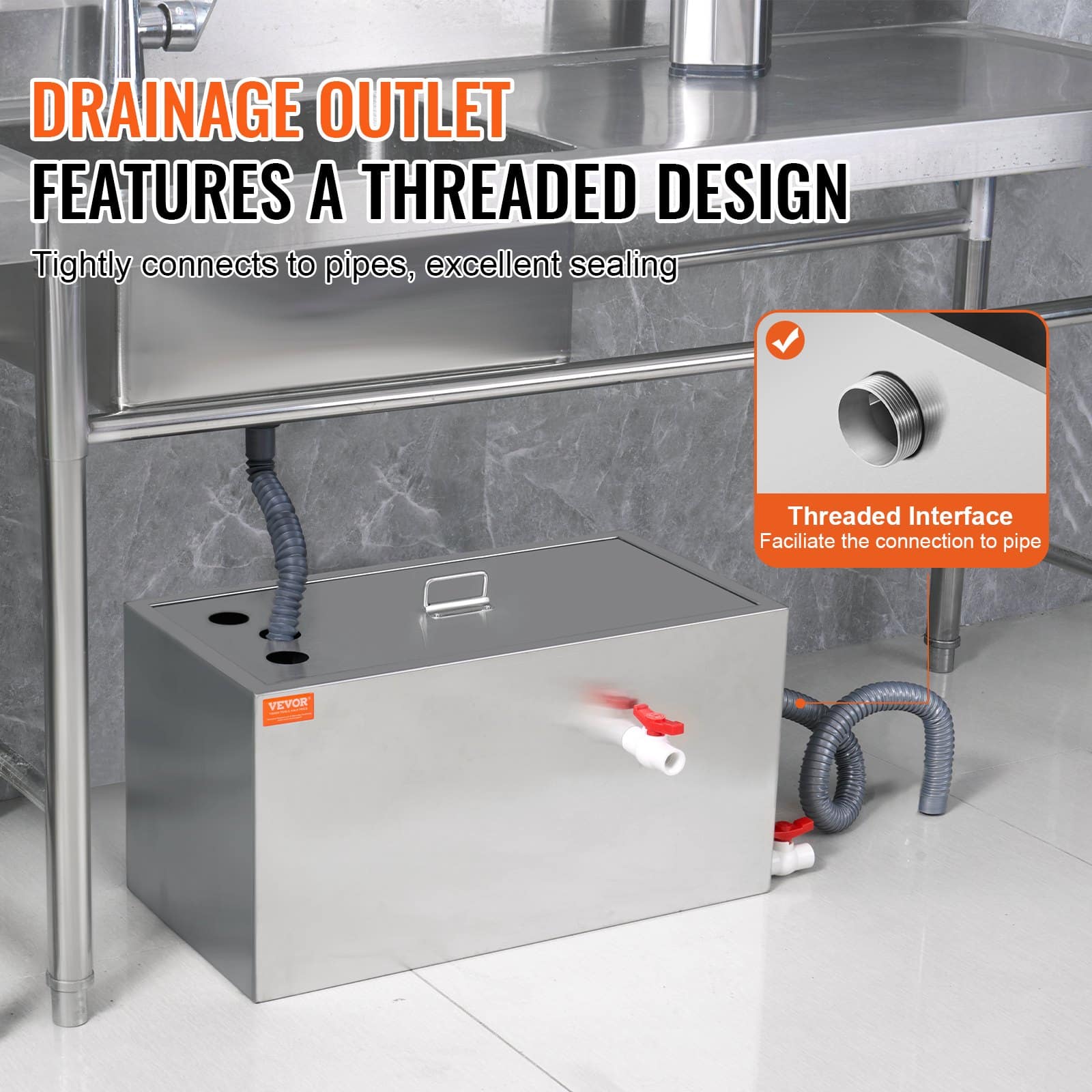 VEVOR 11.3 kg Stainless Steel Grease Trap, 6.4 GPM Interceptor with Top Inlet for Restaurant and Home Kitchen Wastewater - Зображення 4