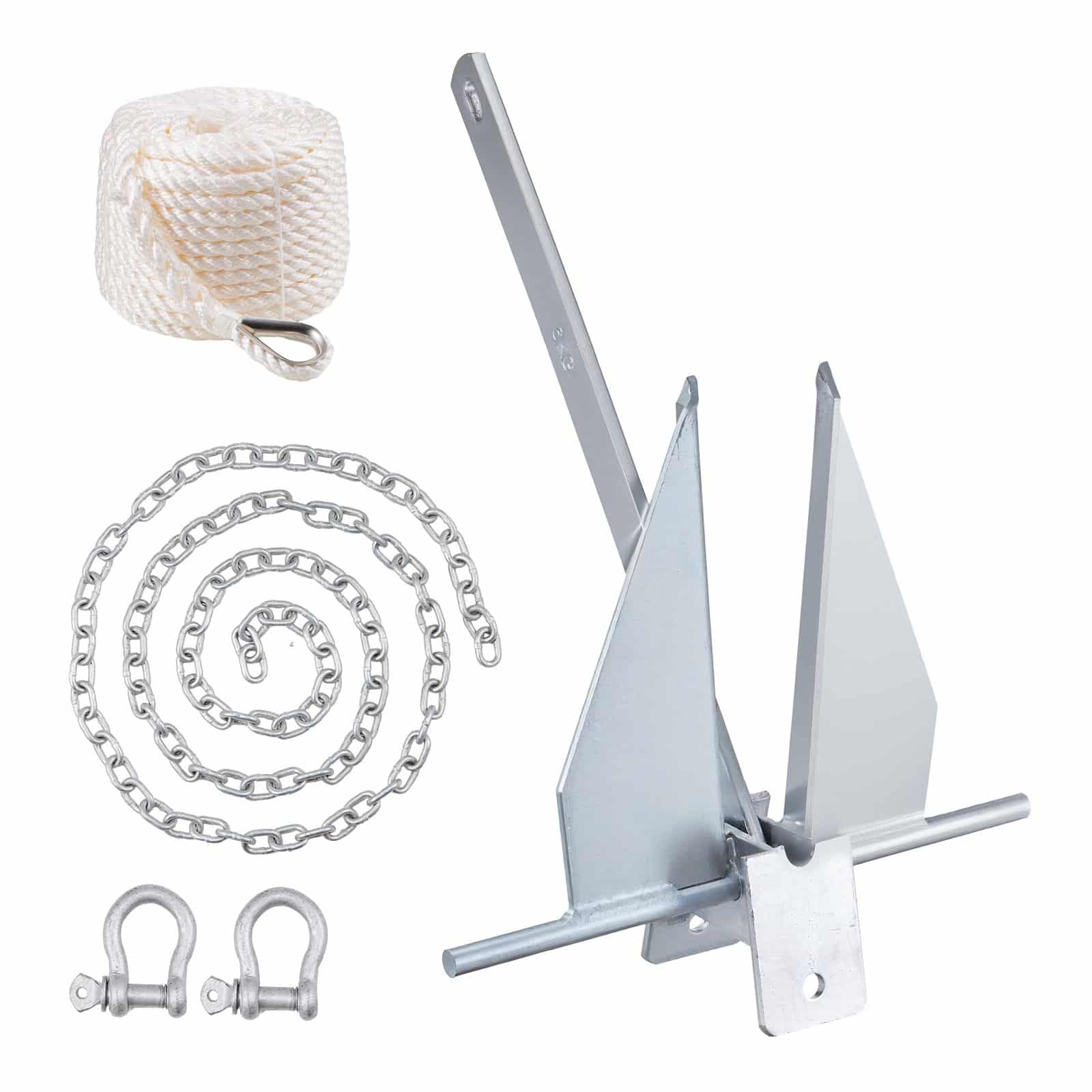 13 lb Galvanized Steel Fluke Anchor Kit with 2.4 m Chain, 30.8 m Rope & Shackles for Boats up to 9 m - VEVOR Marine Set