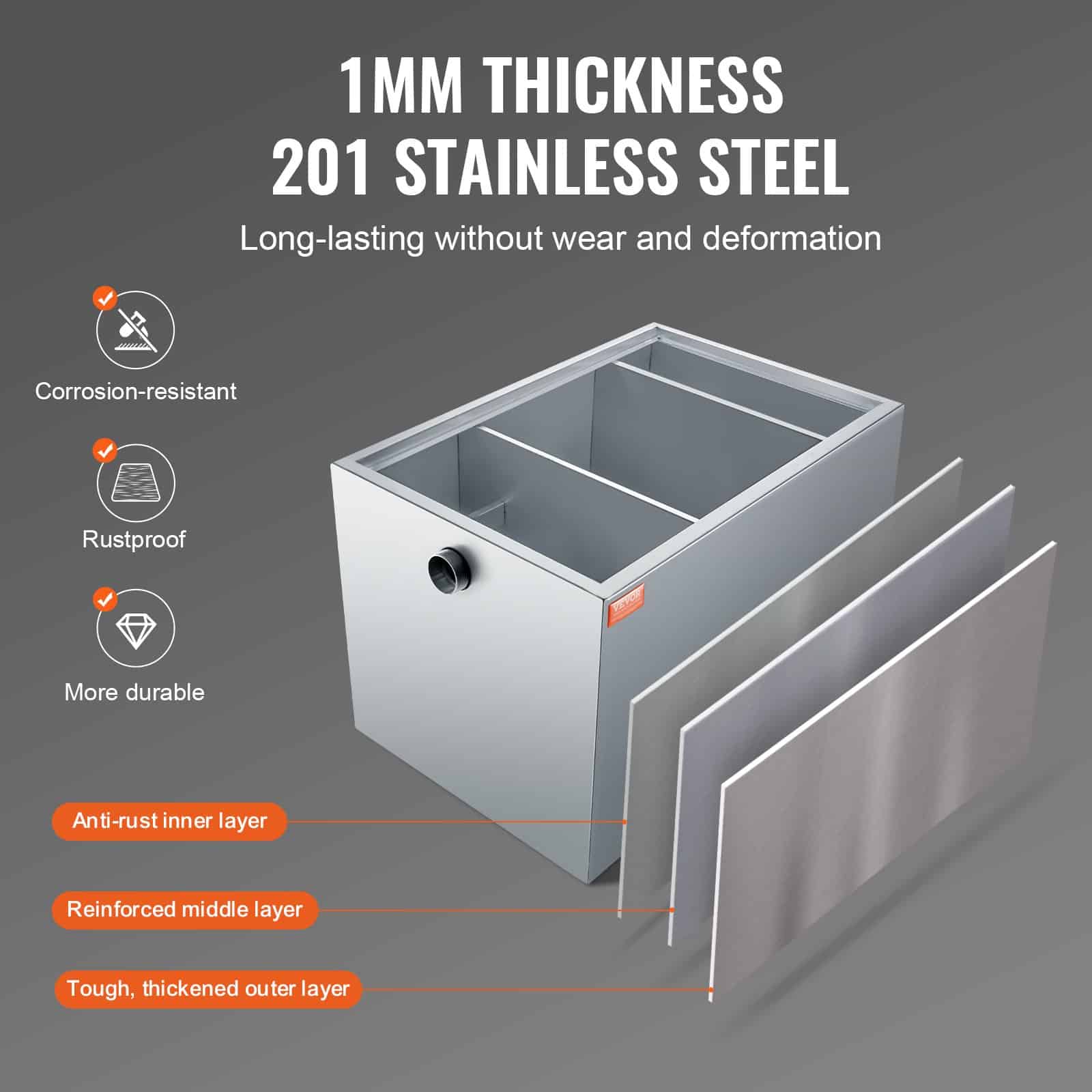 VEVOR 40L Grease Trap Interceptor, Stainless Steel, 38 L/min Flow, Side Inlet, Under-Sink Oil-Water Separator for Kitchen & Restaurant - Зображення 3