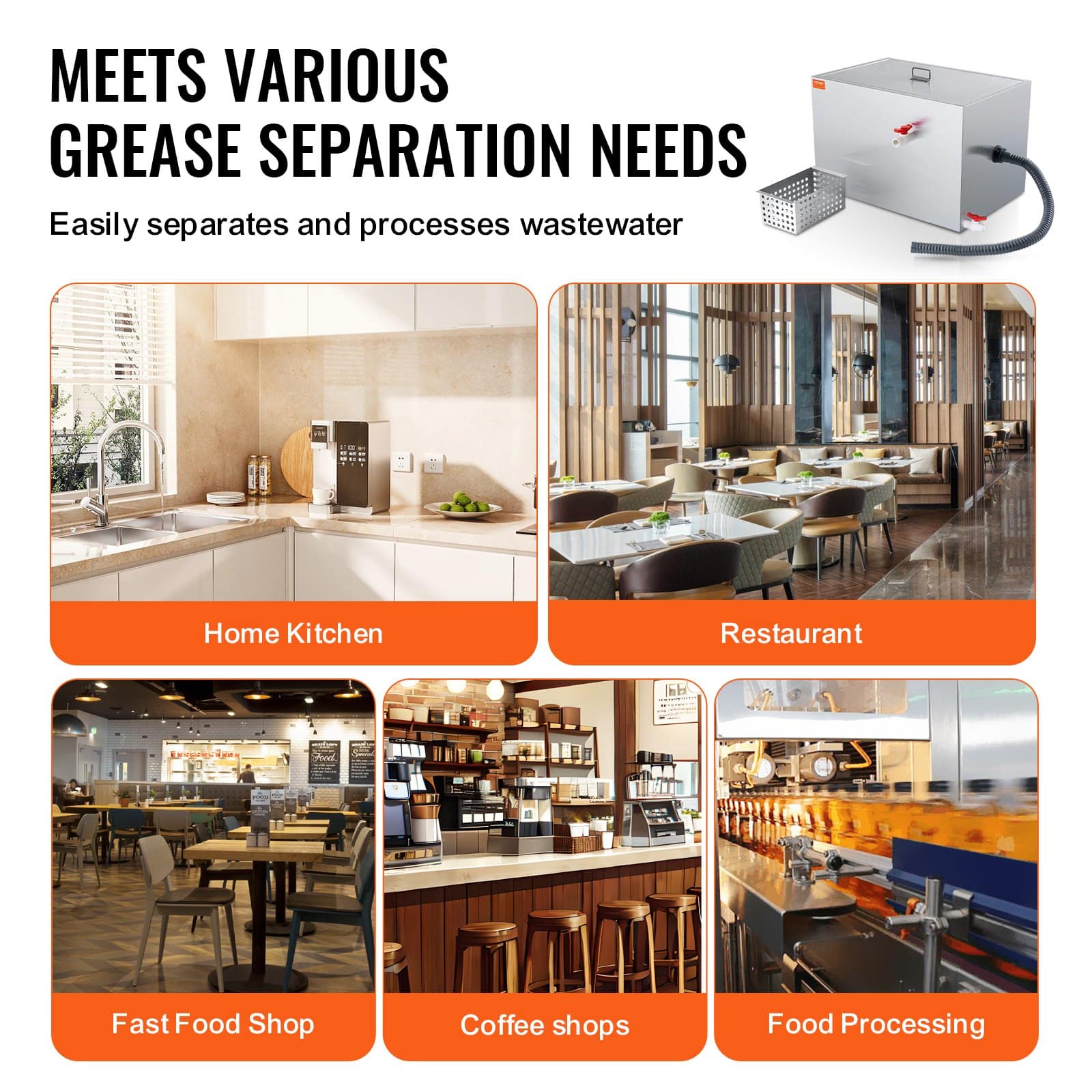 VEVOR 40L Grease Trap Interceptor, Stainless Steel, 38 L/min Flow, Side Inlet, Under-Sink Oil-Water Separator for Kitchen & Restaurant - Зображення 6