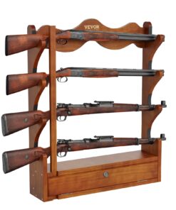 VEVOR Wooden Wall Gun Rack for 4 Rifles/Shotguns, Heavy-Duty 60 kg Display with Lockable Compartment & Soft Padding