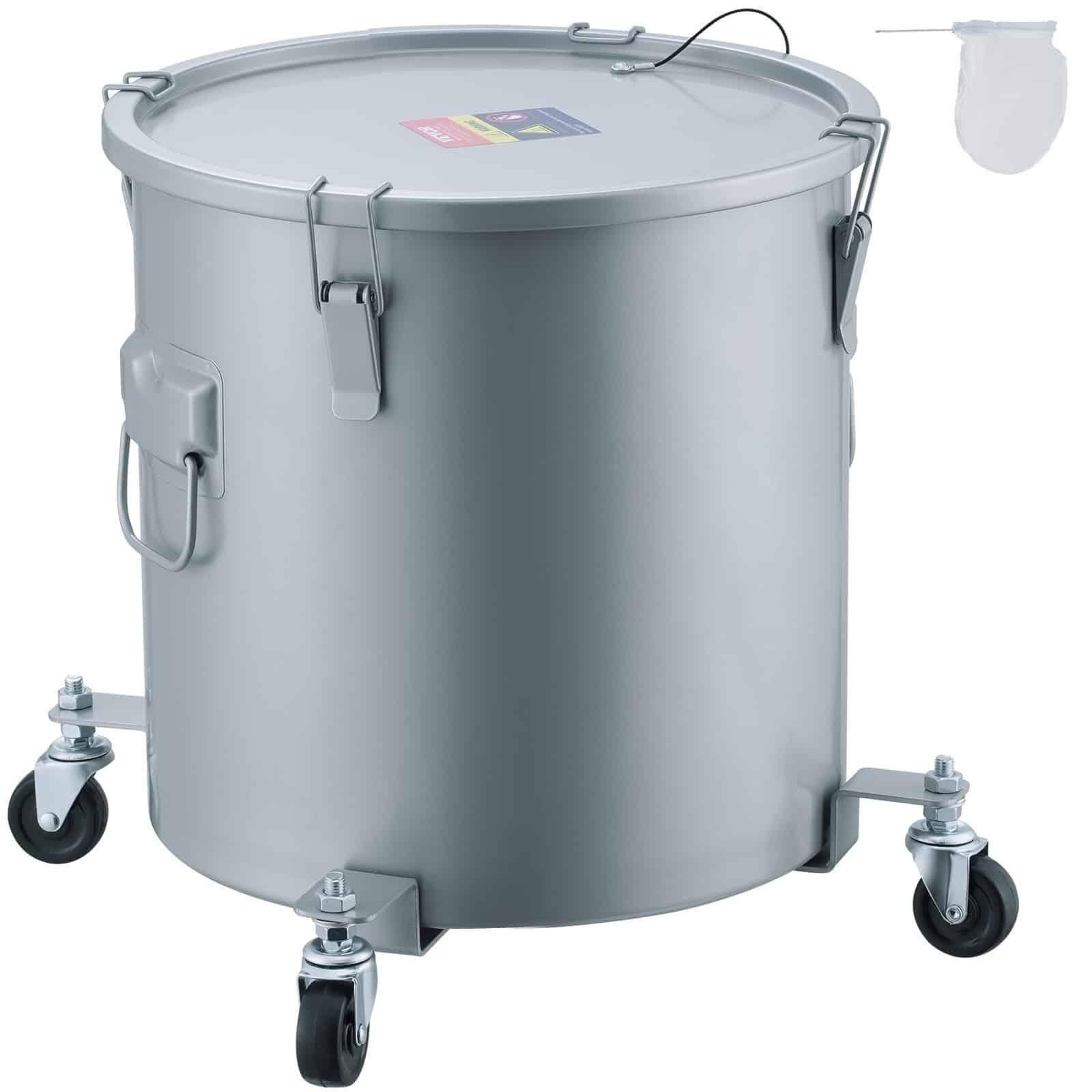 VEVOR 30L Fryer Grease Bucket with Lid, Lock Clips & Casters – Rust-Proof Steel Oil Disposal Caddy with Filter Bag, Gray
