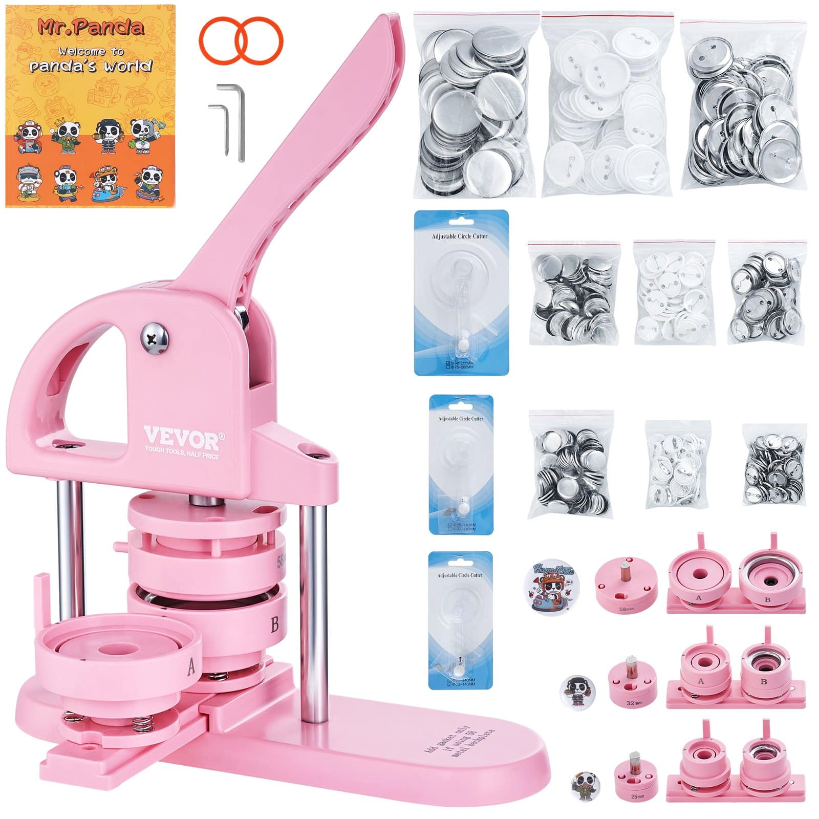 VEVOR 3-in-1 Button Maker Machine 25/32/58mm with 300 Parts, Panda Book & Cutter, DIY Badge Kit for Kids, Pink