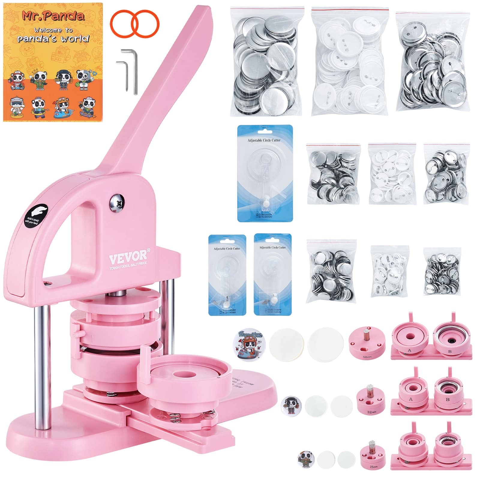 VEVOR 3-in-1 Button Maker Machine 25/32/58mm with 300 Parts, Panda Book & Cutter, DIY Badge Kit for Kids, Pink — Attēls 9