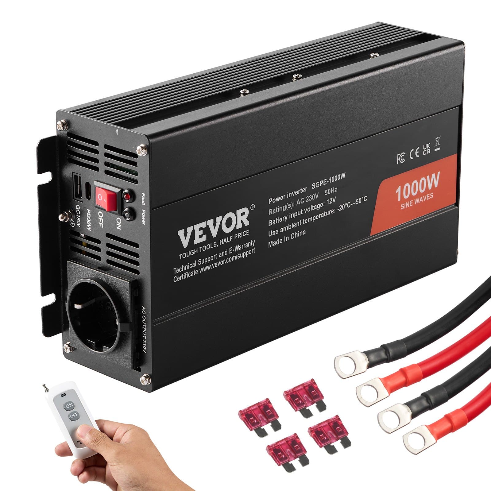 VEVOR 1000 Вт інвертор з чистою синусоїдою 12В DC до 230В AC, 2 AC розетки, 2 USB, 1 Type-C, пульт ДУ, сертифікат CE/FCC