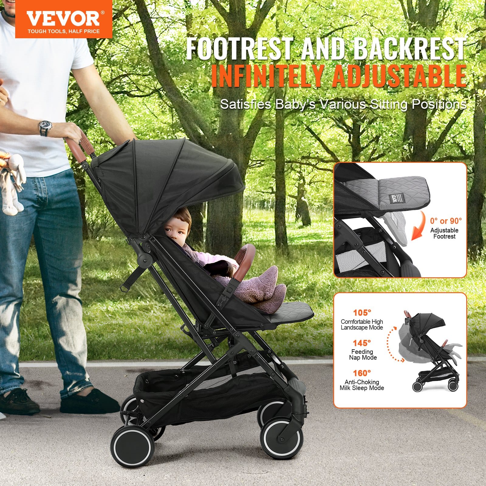 VEVOR Lightweight Baby Stroller, Adjustable Backrest & Footrest, One-Hand Fold, Cup Holder, for 0–3 Years, Black — изображение 2