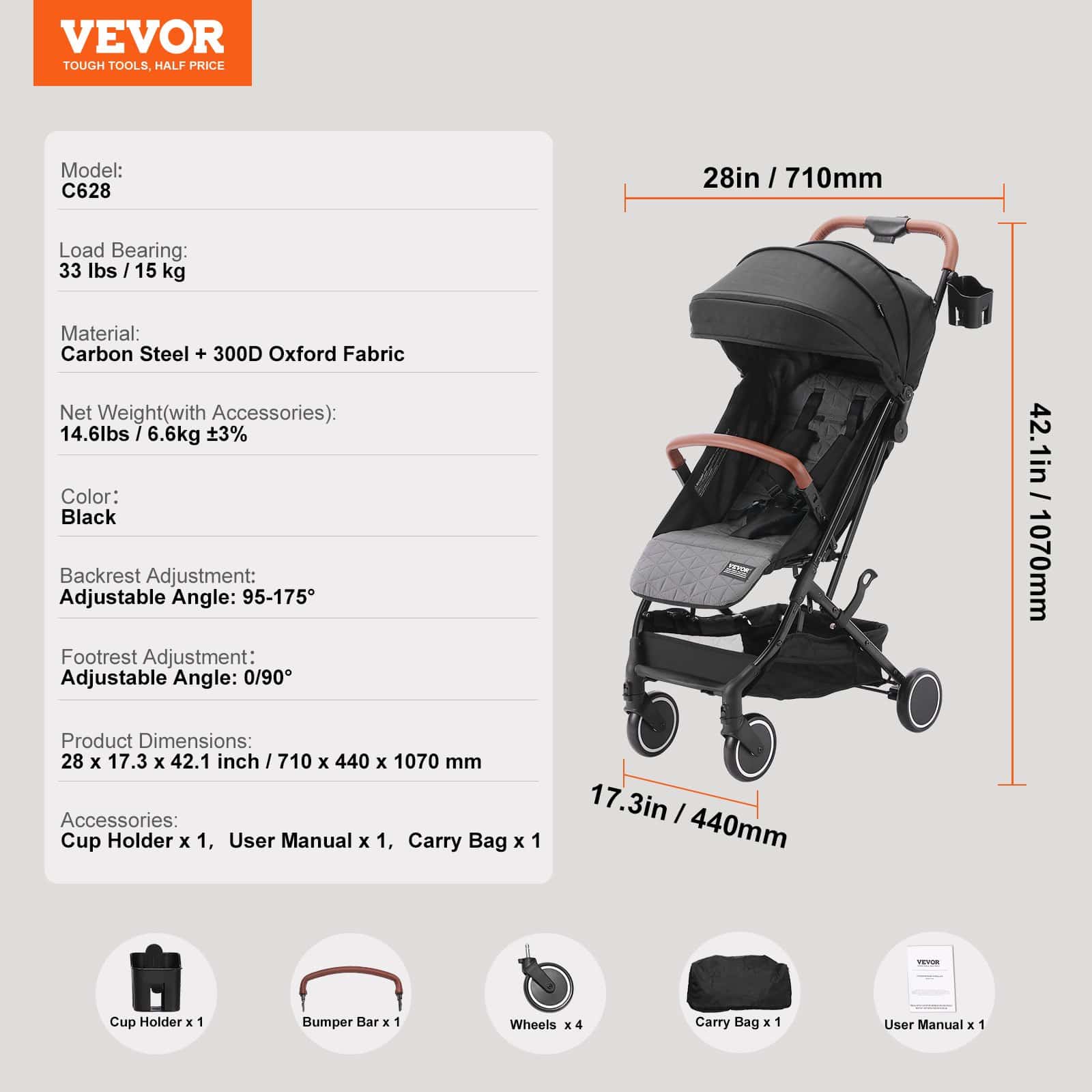 VEVOR Lightweight Baby Stroller, Adjustable Backrest & Footrest, One-Hand Fold, Cup Holder, for 0–3 Years, Black — изображение 7
