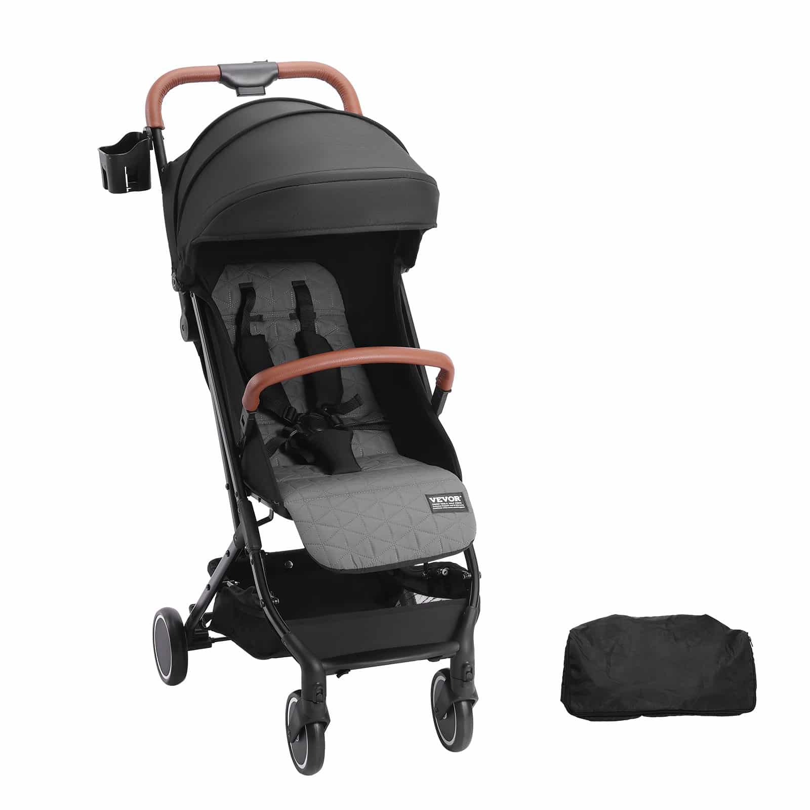 VEVOR Lightweight Baby Stroller, Adjustable Backrest & Footrest, One-Hand Fold, Cup Holder, for 0–3 Years, Black — изображение 9