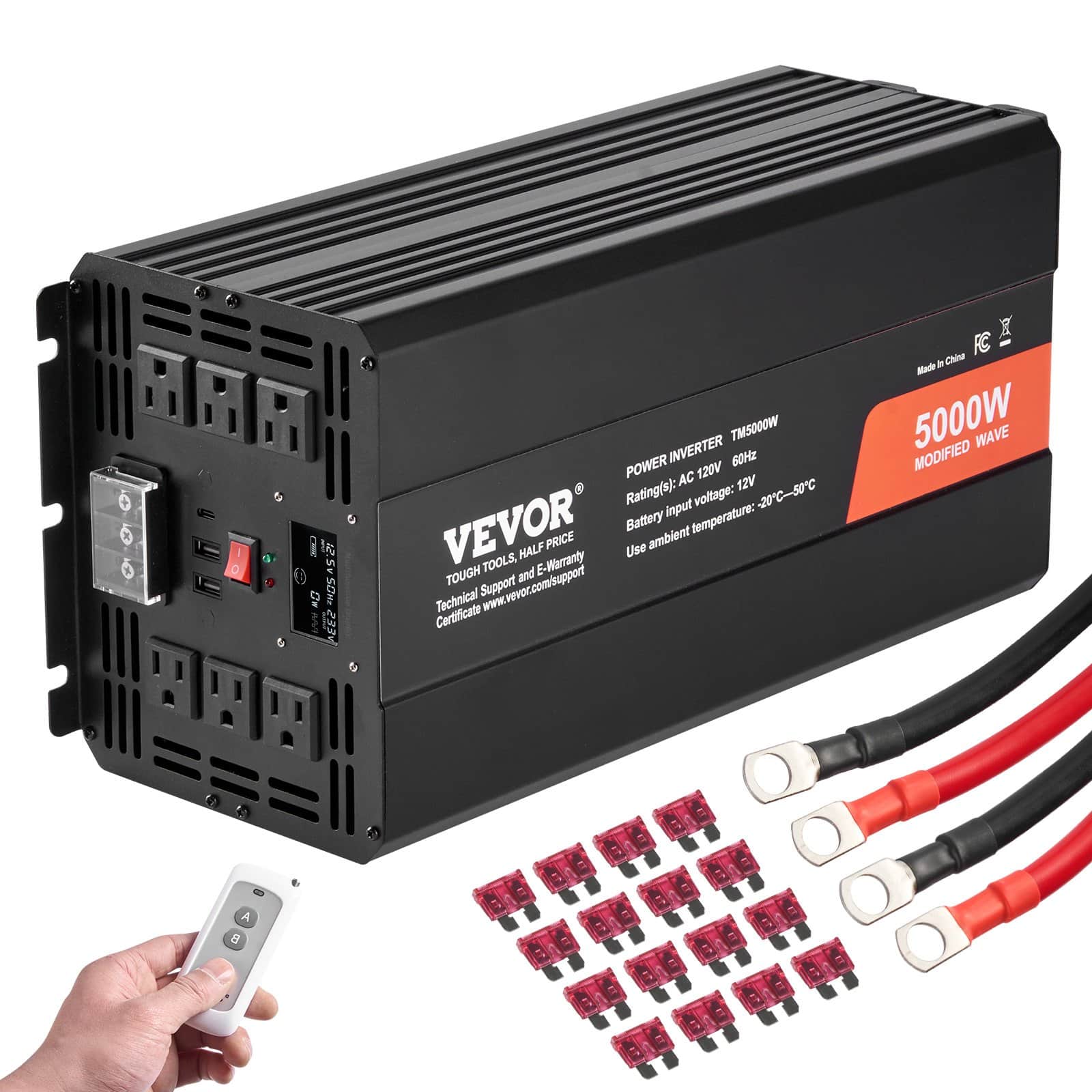 VEVOR 5000W 12V to 230V Modified Sine Wave Power Inverter with 2 AC Outlets, USB, Type-C, LCD & Remote, CE/FCC Certified