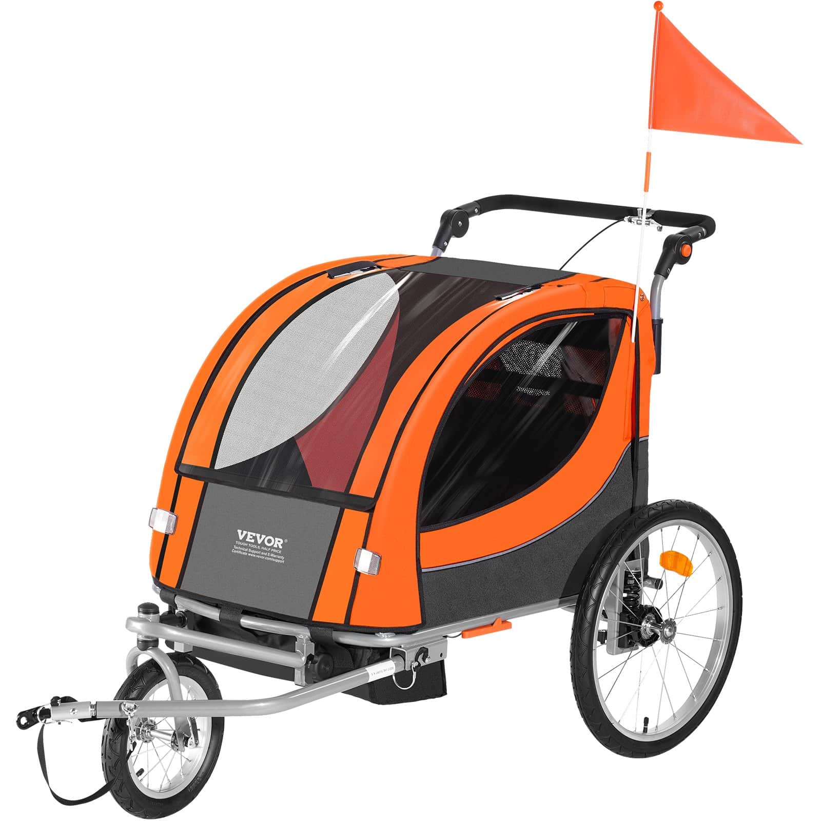 VEVOR Foldable 2-in-1 Bike Trailer & Stroller for Kids, Double Seat, 40 kg Load, Universal Coupler, Orange/Gray