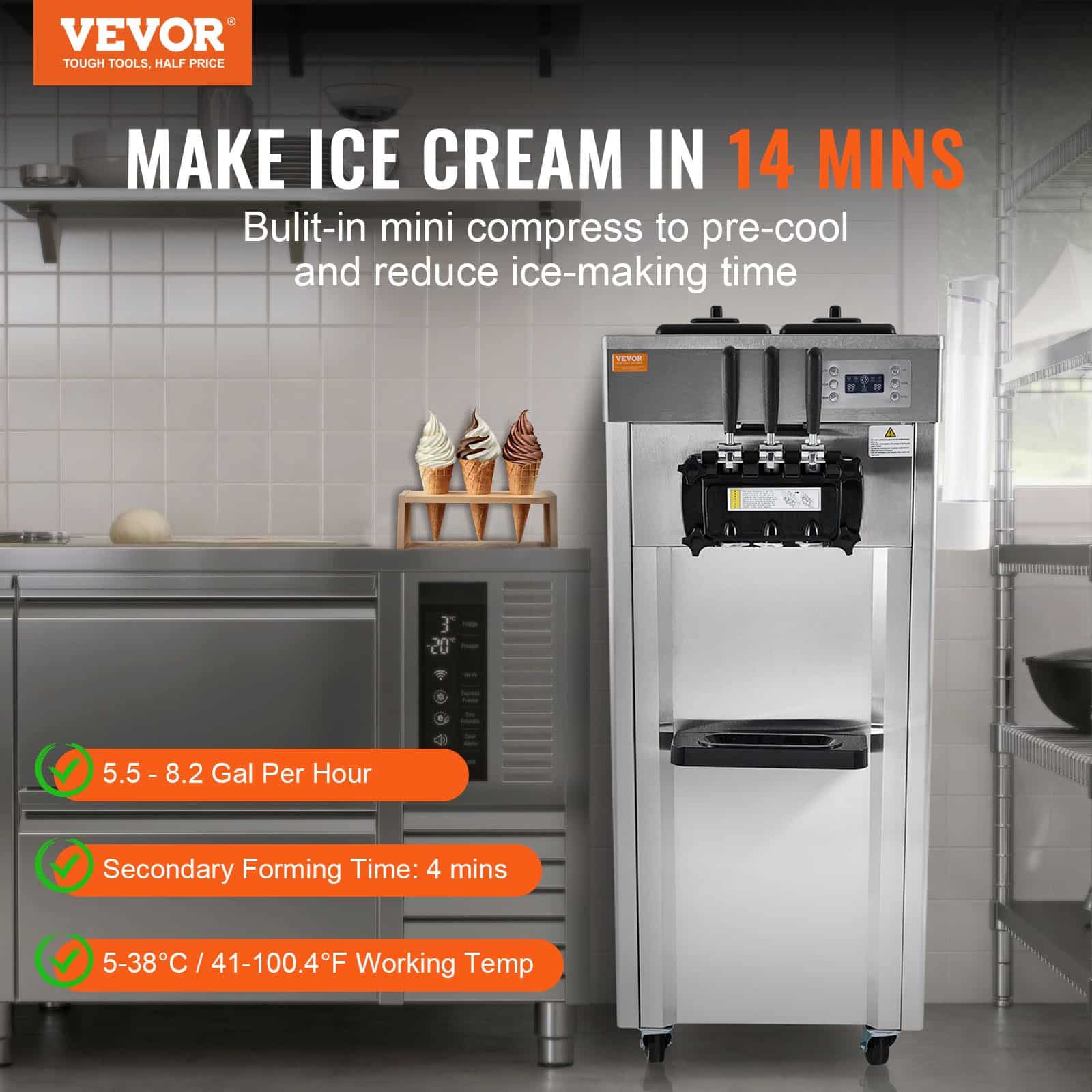 VEVOR Commercial Soft Serve Ice Cream Machine, 21–31L/h, 1670W, 3 Flavors, 2x4.3L Hoppers, LED Panel, Auto Clean, for Restaurants - Image 2