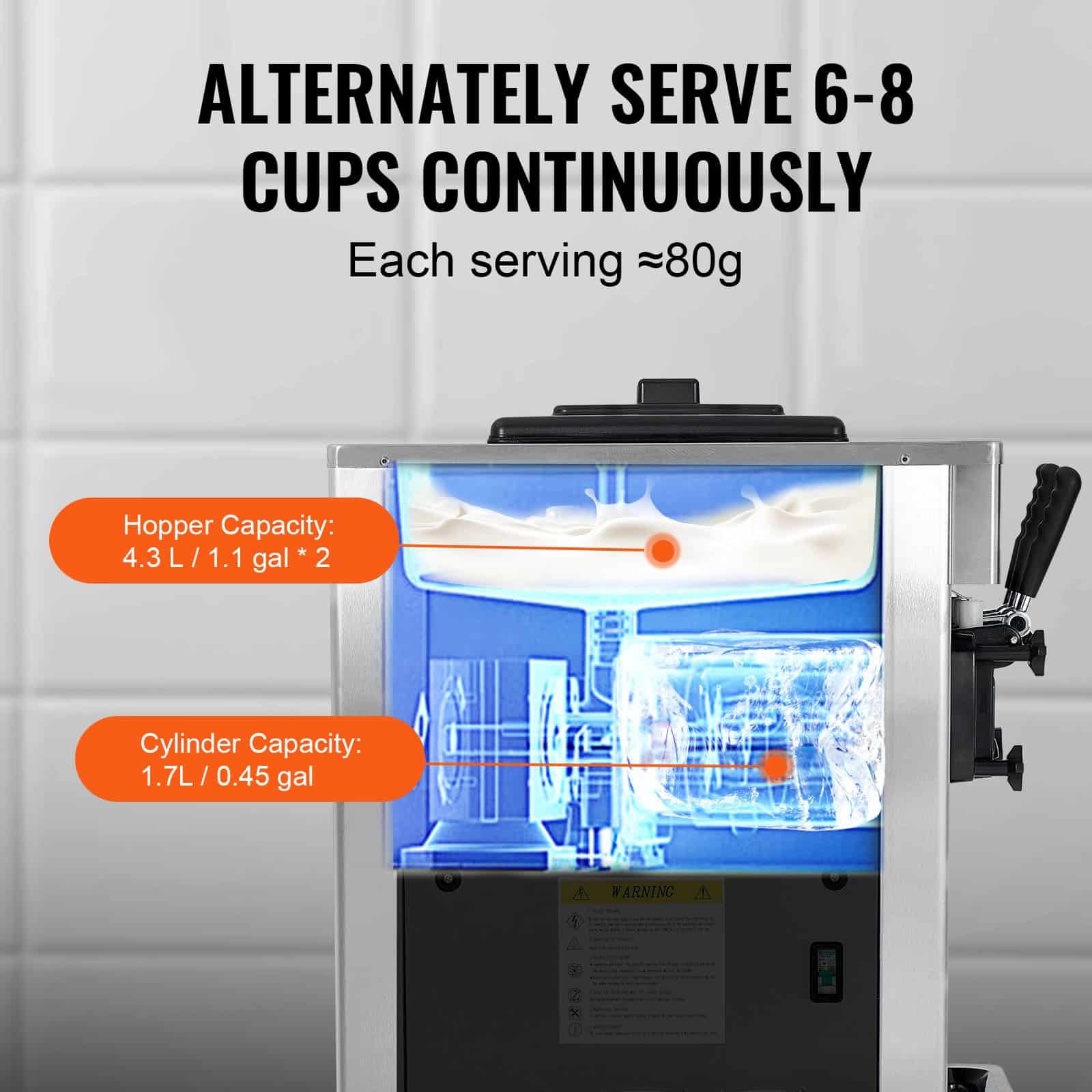 VEVOR Commercial Soft Serve Ice Cream Machine, 21–31L/h, 1670W, 3 Flavors, 2x4.3L Hoppers, LED Panel, Auto Clean, for Restaurants - Image 4