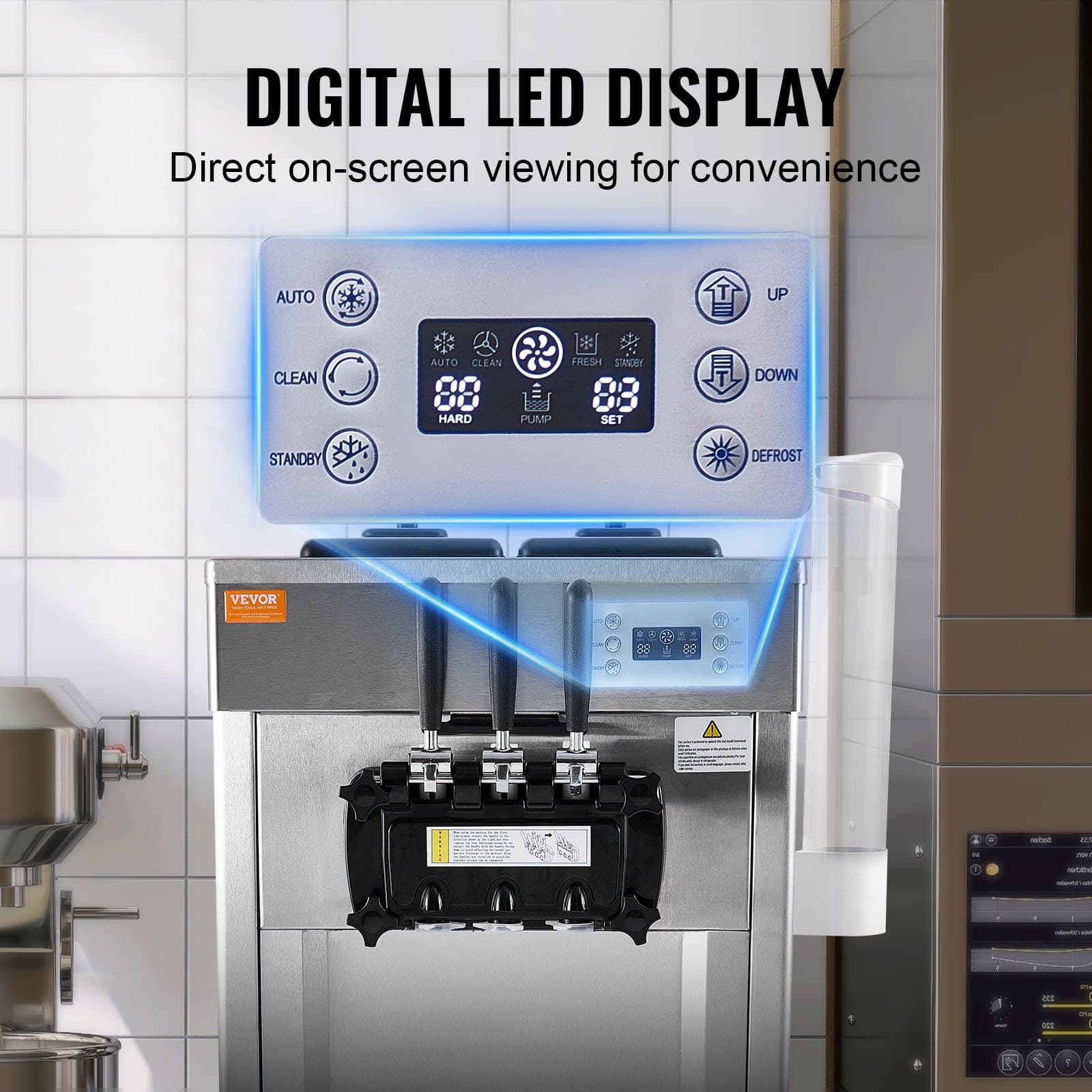 VEVOR Commercial Soft Serve Ice Cream Machine, 21–31L/h, 1670W, 3 Flavors, 2x4.3L Hoppers, LED Panel, Auto Clean, for Restaurants - Image 5