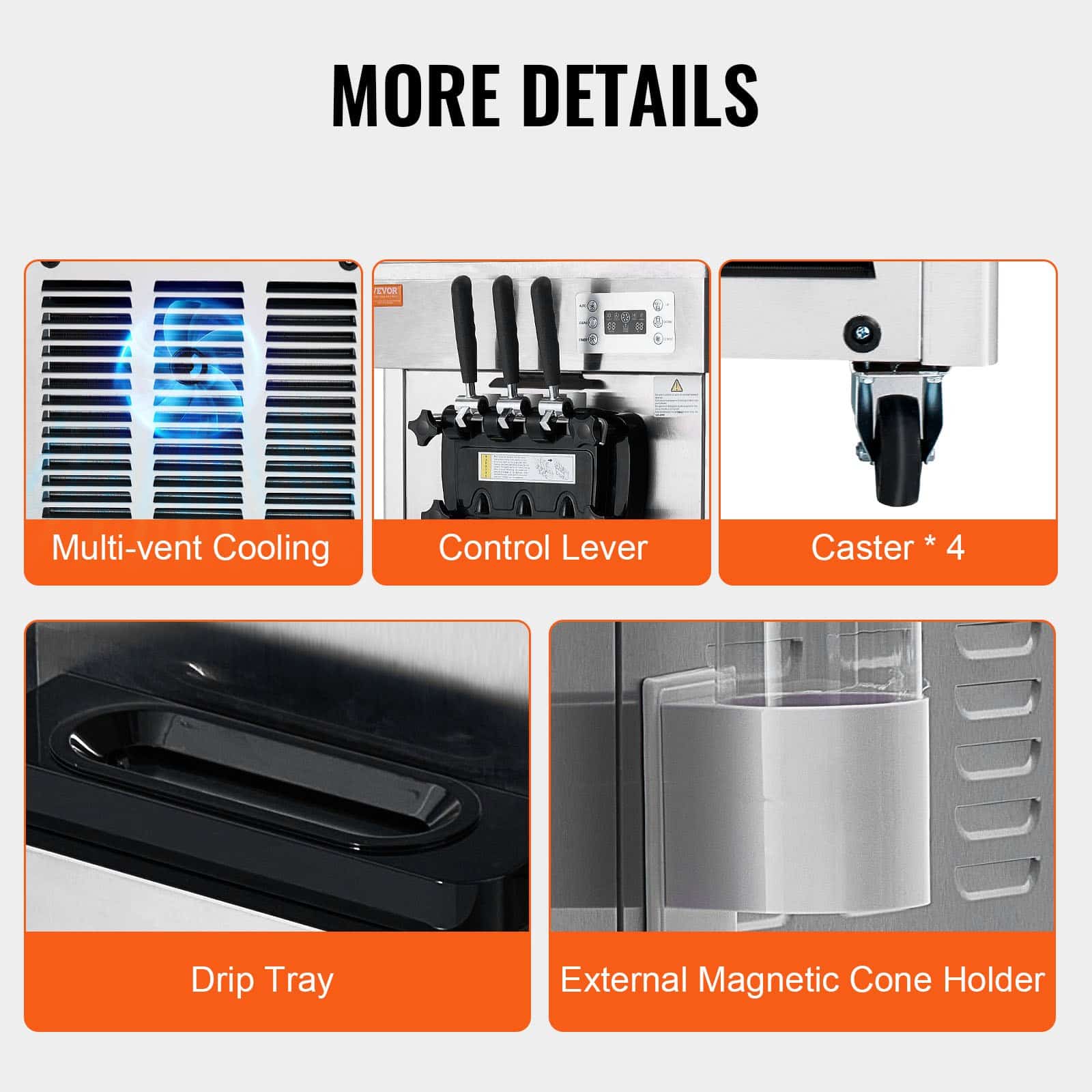 VEVOR Commercial Soft Serve Ice Cream Machine, 21–31L/h, 1670W, 3 Flavors, 2x4.3L Hoppers, LED Panel, Auto Clean, for Restaurants - Image 6