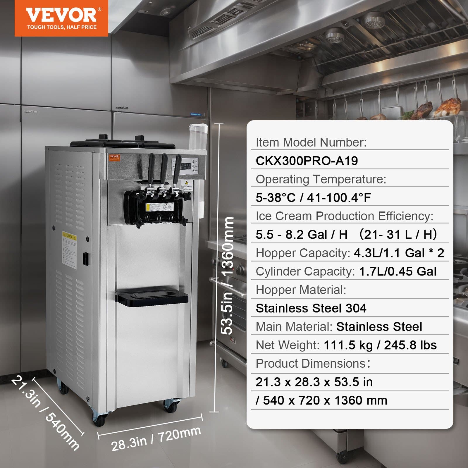 VEVOR Commercial Soft Serve Ice Cream Machine, 21–31L/h, 1670W, 3 Flavors, 2x4.3L Hoppers, LED Panel, Auto Clean, for Restaurants - Image 7