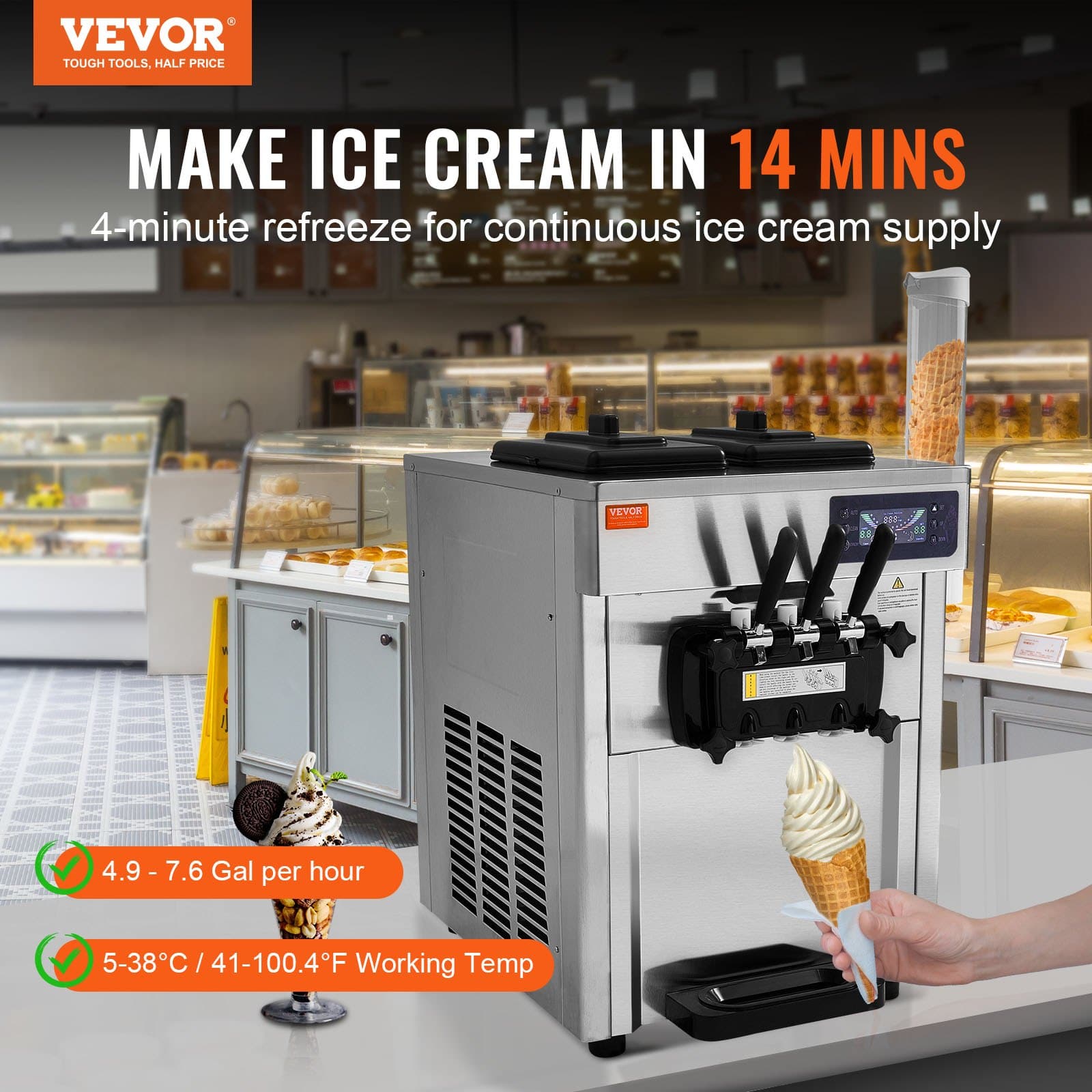 VEVOR 1650W Commercial Soft Serve Ice Cream Machine, 18–28 L/h, 3 Flavors, 2×5.5L Hoppers, LED Panel, Auto Clean, for Restaurants - Image 2