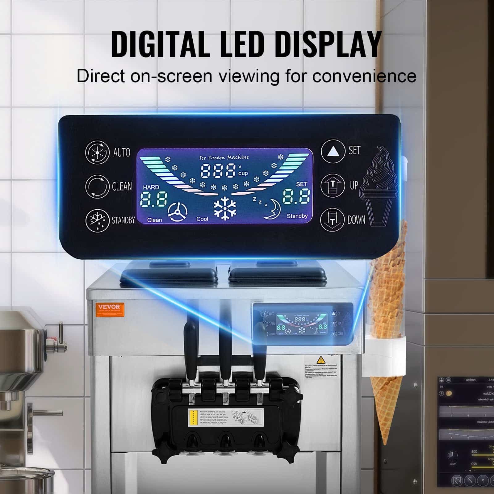 VEVOR 1650W Commercial Soft Serve Ice Cream Machine, 18–28 L/h, 3 Flavors, 2×5.5L Hoppers, LED Panel, Auto Clean, for Restaurants - Image 5