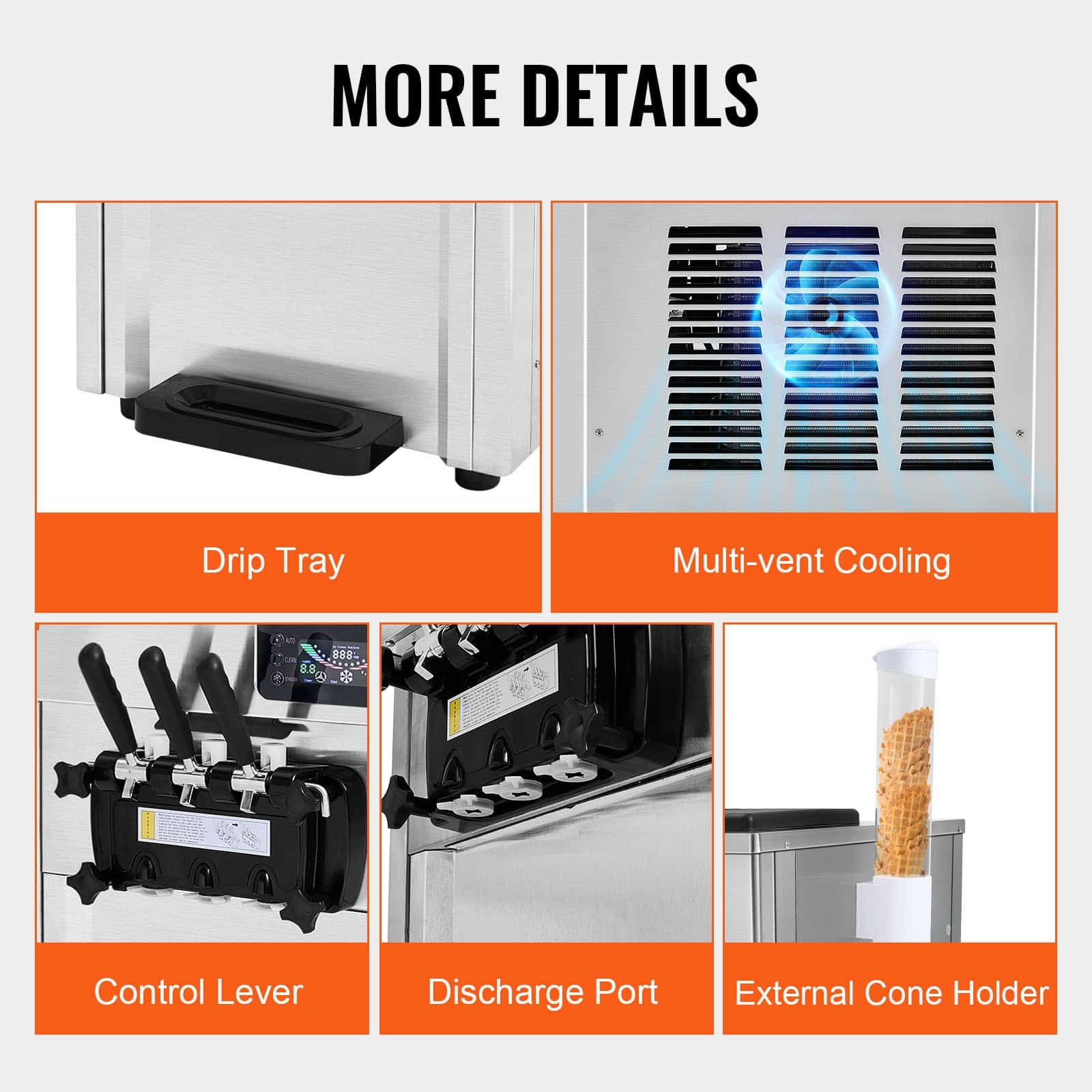 VEVOR 1650W Commercial Soft Serve Ice Cream Machine, 18–28 L/h, 3 Flavors, 2×5.5L Hoppers, LED Panel, Auto Clean, for Restaurants - Image 6