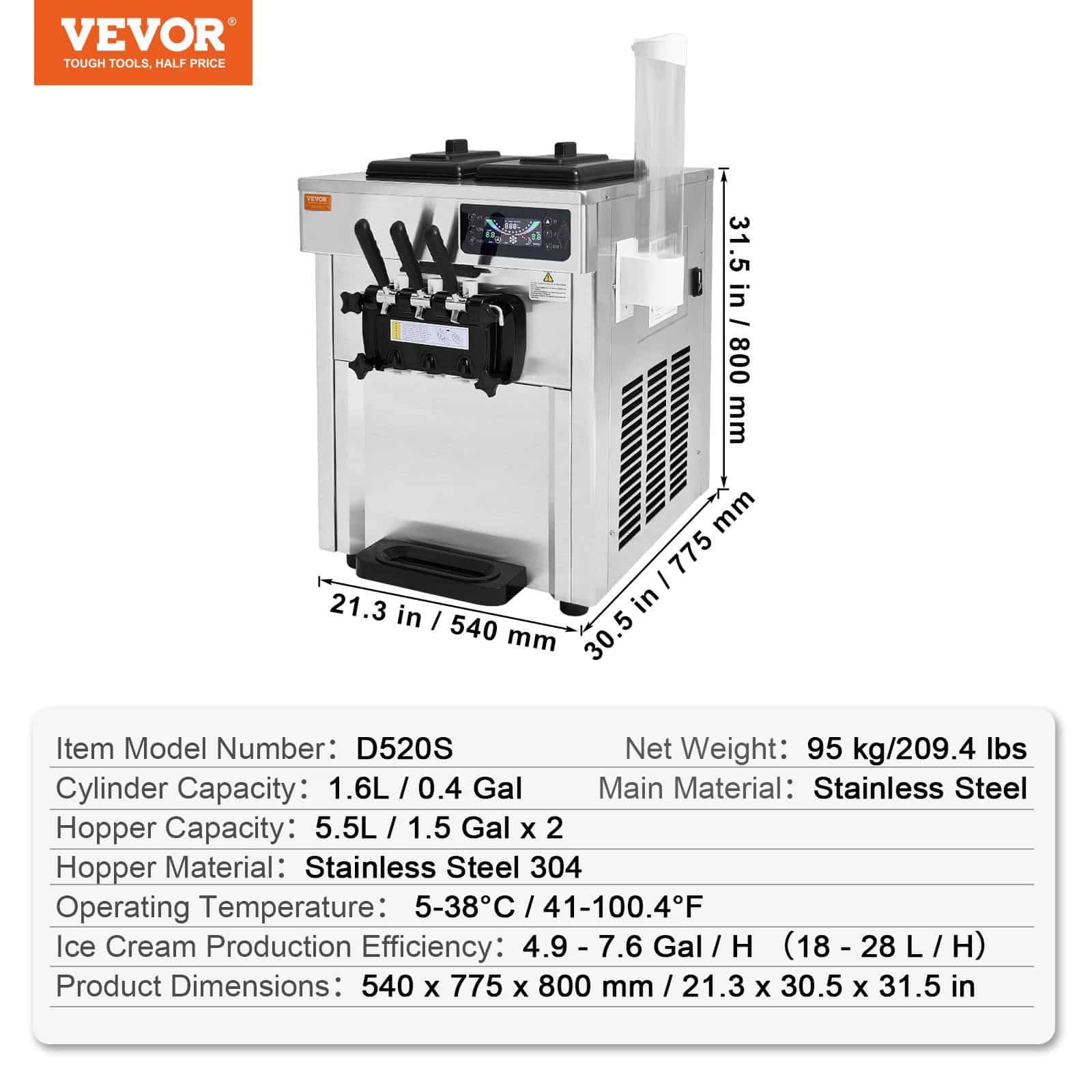VEVOR 1650W Commercial Soft Serve Ice Cream Machine, 18–28 L/h, 3 Flavors, 2×5.5L Hoppers, LED Panel, Auto Clean, for Restaurants - Image 7