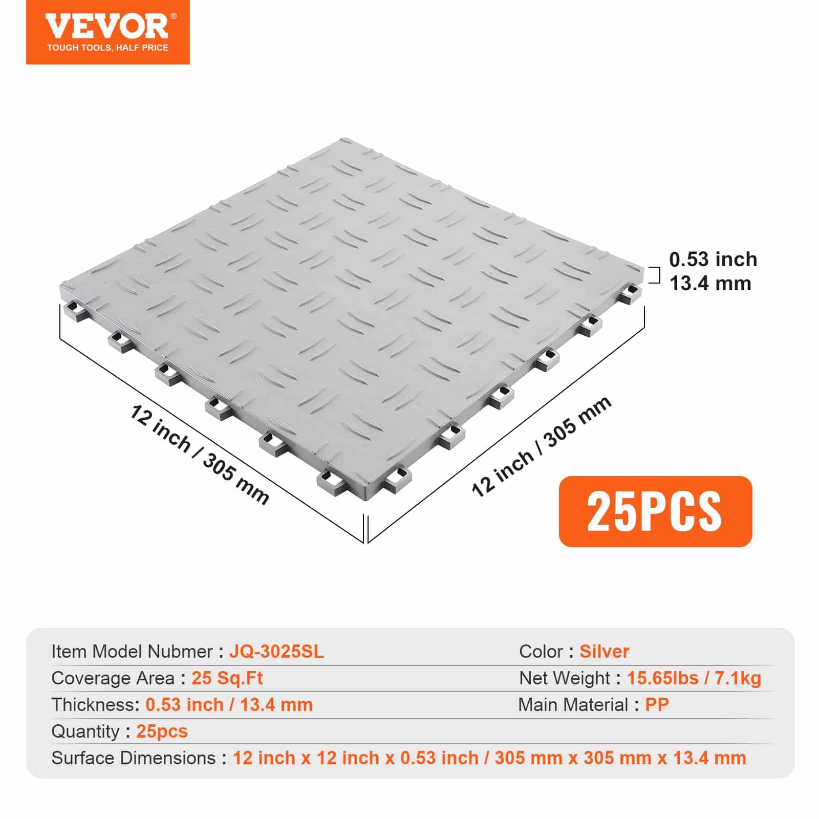 VEVOR Interlocking Garage Floor Tiles, 30x30x1.34cm, 25-Pack Non-Slip Double-Sided Flooring for Garage, Workshop, Silver - Pilt 7
