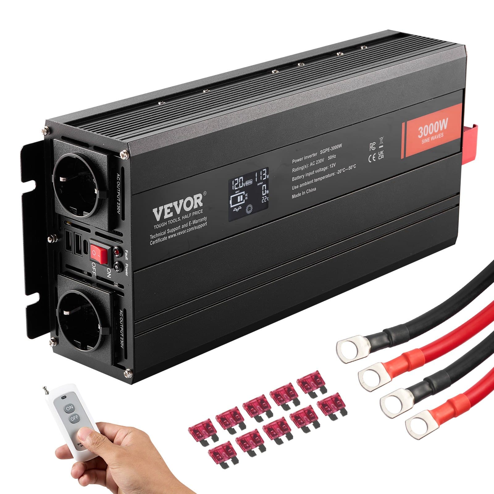 VEVOR 3000W Pure Sine Wave Inverter 12V DC to 230V AC with 2 AC Outlets, USB & Type-C Ports, LCD Display, Remote Control