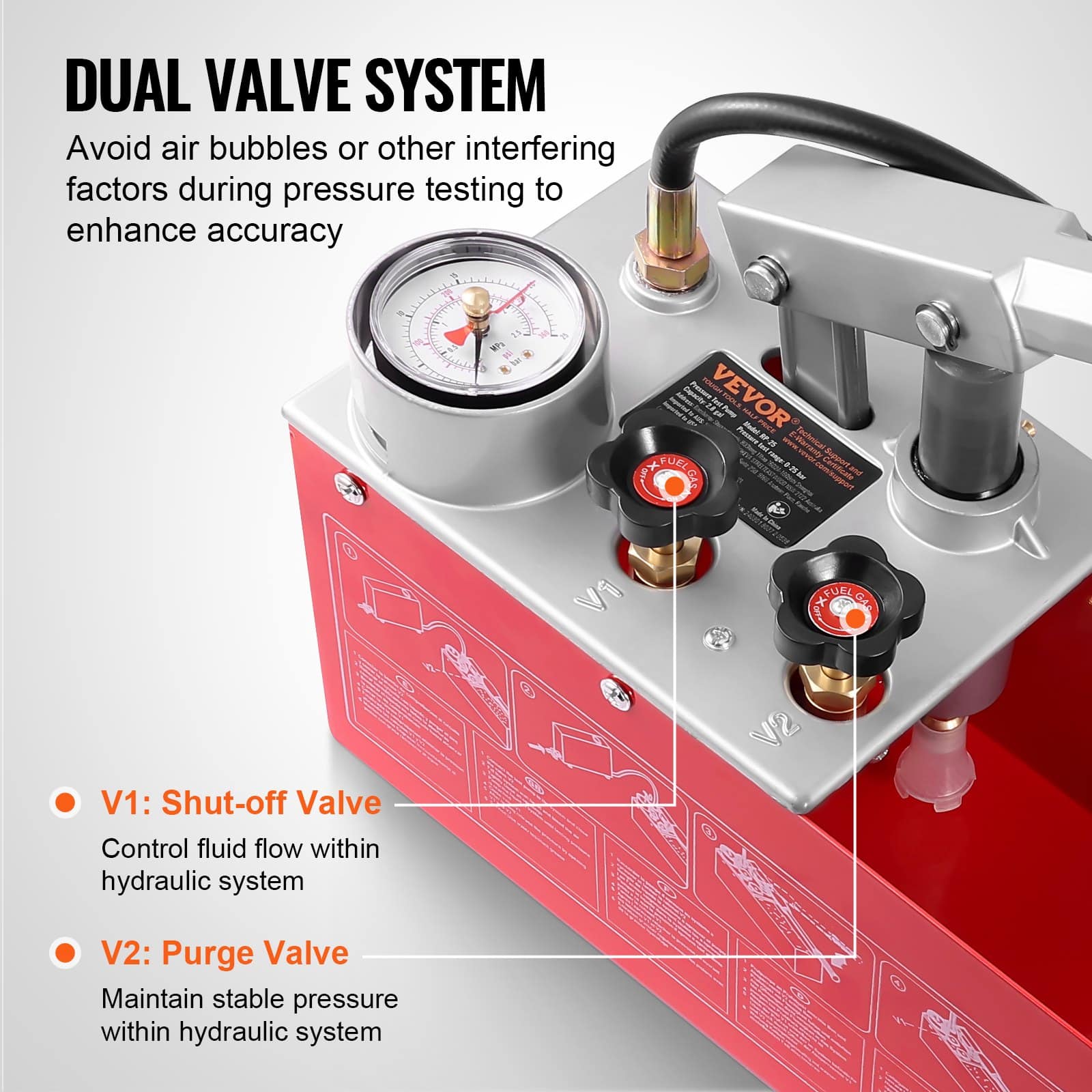 VEVOR Manual Hydrostatic Test Pump 25 Bar, Dual Valve, Gauge, 10L Tank, 1.4m Hose with 12.7mm Thread for Pipeline Testing - Зображення 3