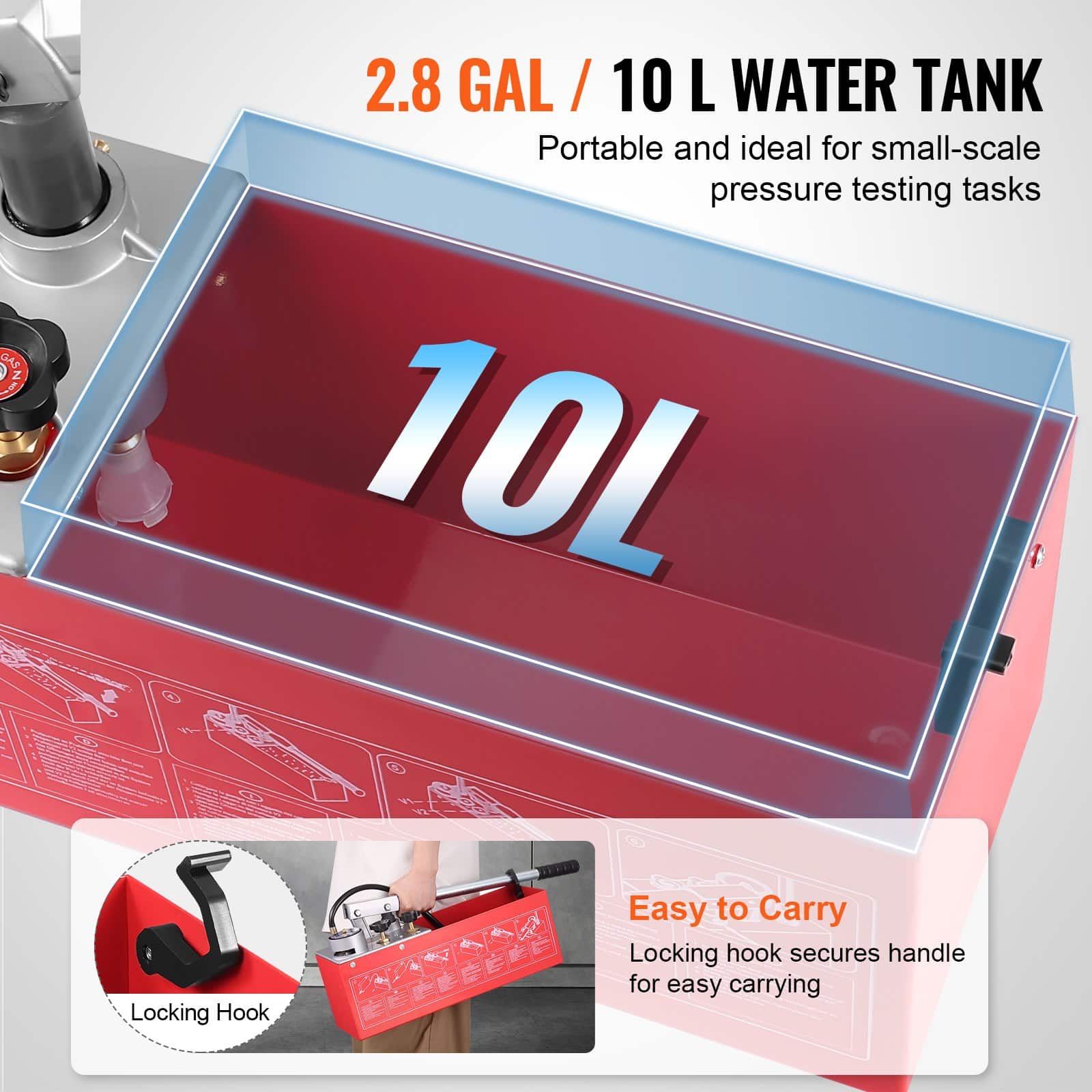 VEVOR Manual Hydrostatic Test Pump 25 Bar, Dual Valve, Gauge, 10L Tank, 1.4m Hose with 12.7mm Thread for Pipeline Testing - Зображення 4