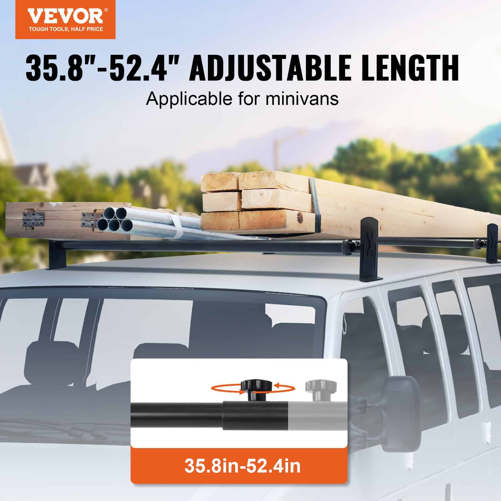 VEVOR Adjustable Alloy Steel Van Roof Ladder Rack, 2 Bars, 227 kg Capacity, Fits 910–1330 mm Roofs, For Chevrolet Express, GMC Savana - Pilt 2