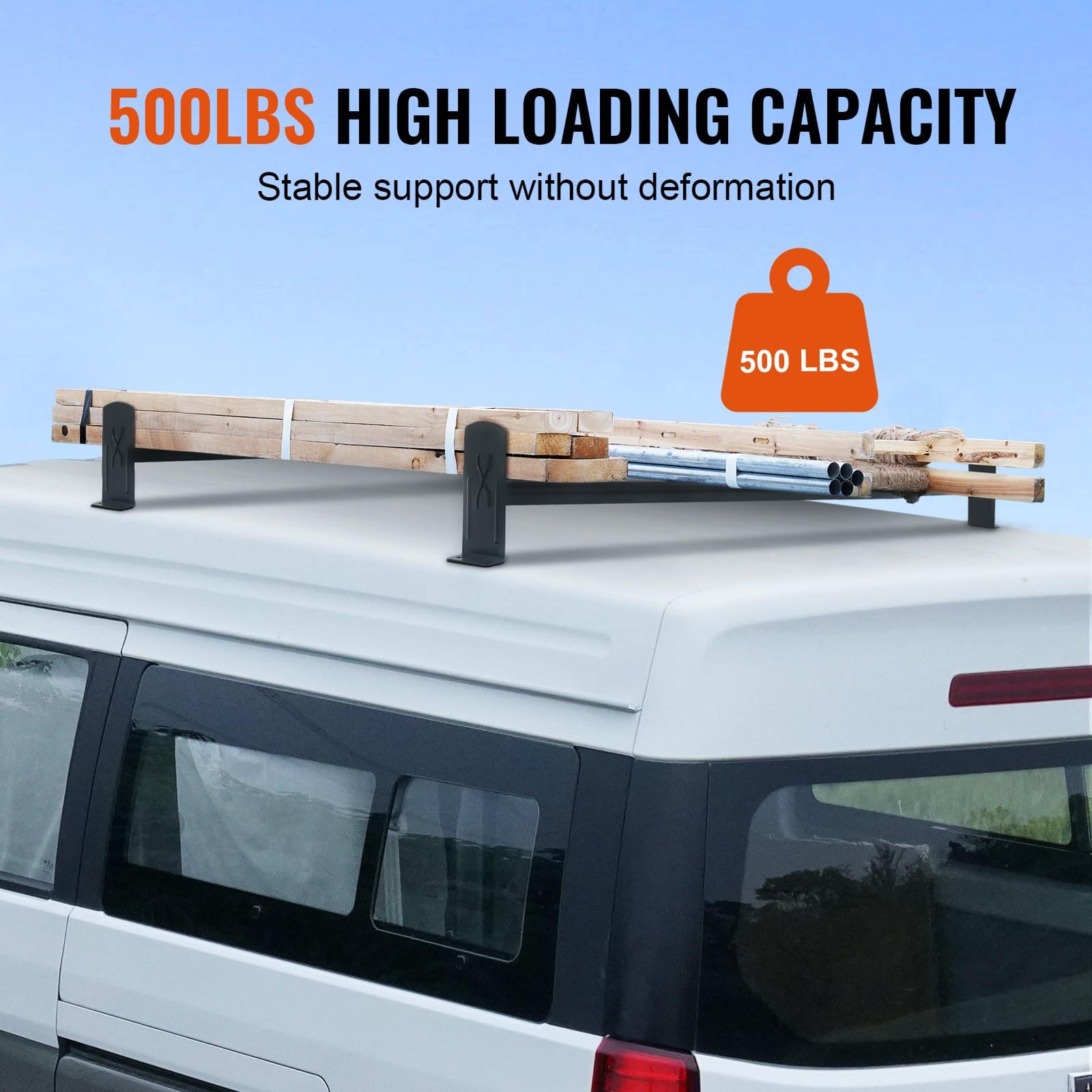 VEVOR Adjustable Alloy Steel Van Roof Ladder Rack, 2 Bars, 227 kg Capacity, Fits 910–1330 mm Roofs, For Chevrolet Express, GMC Savana - Pilt 4