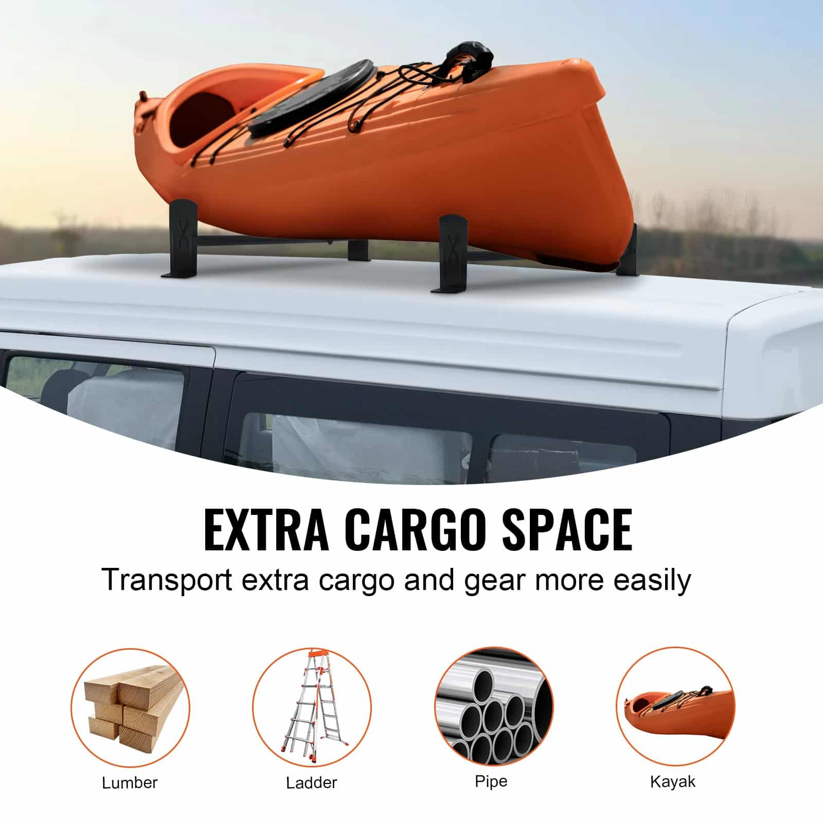 VEVOR Adjustable Alloy Steel Van Roof Ladder Rack, 2 Bars, 227 kg Capacity, Fits 910–1330 mm Roofs, For Chevrolet Express, GMC Savana - Pilt 6