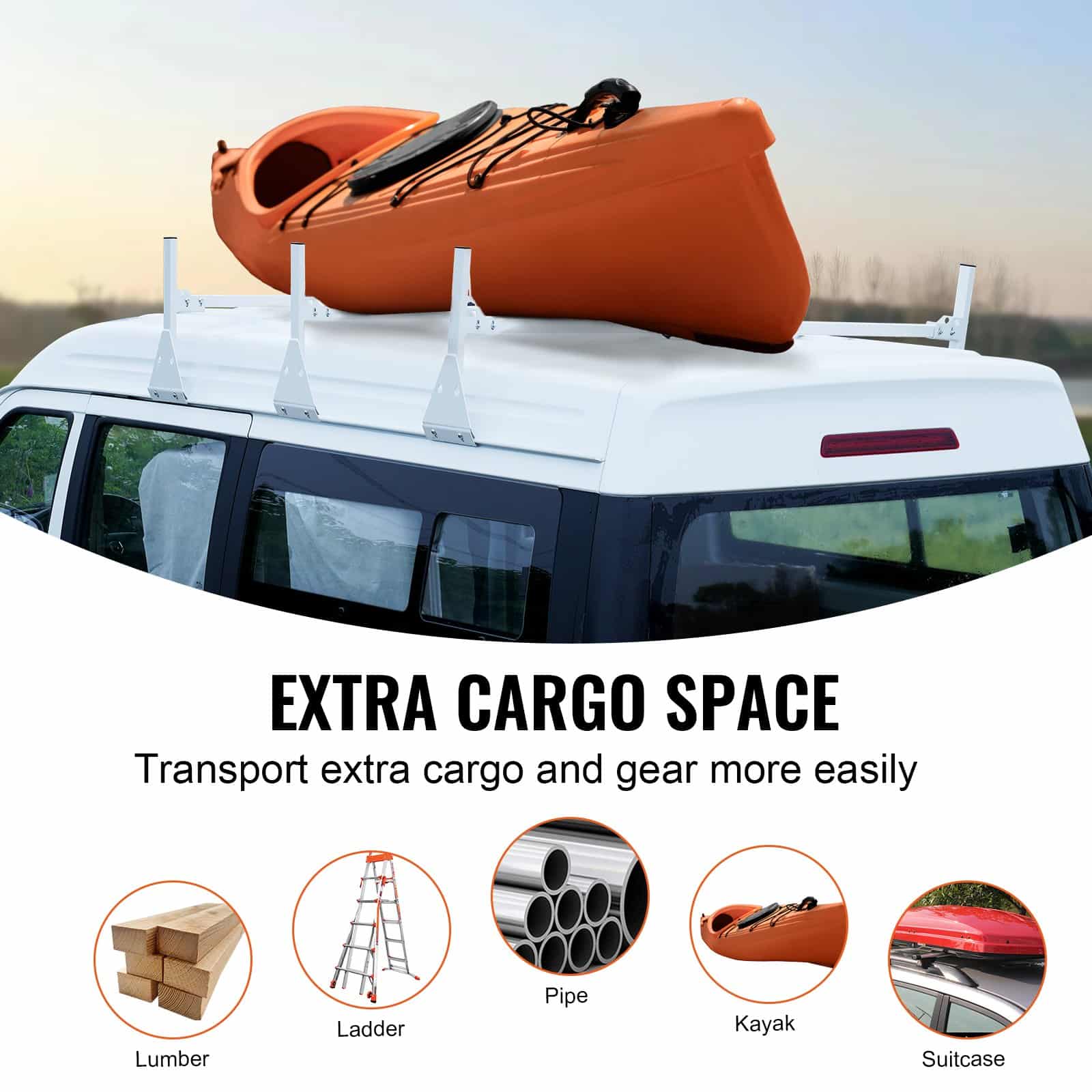 VEVOR Adjustable Alloy Steel Van Roof Ladder Rack, 3 Bars, 340 kg Capacity, Fits Full-Size Vans with Rain Gutters - Image 6