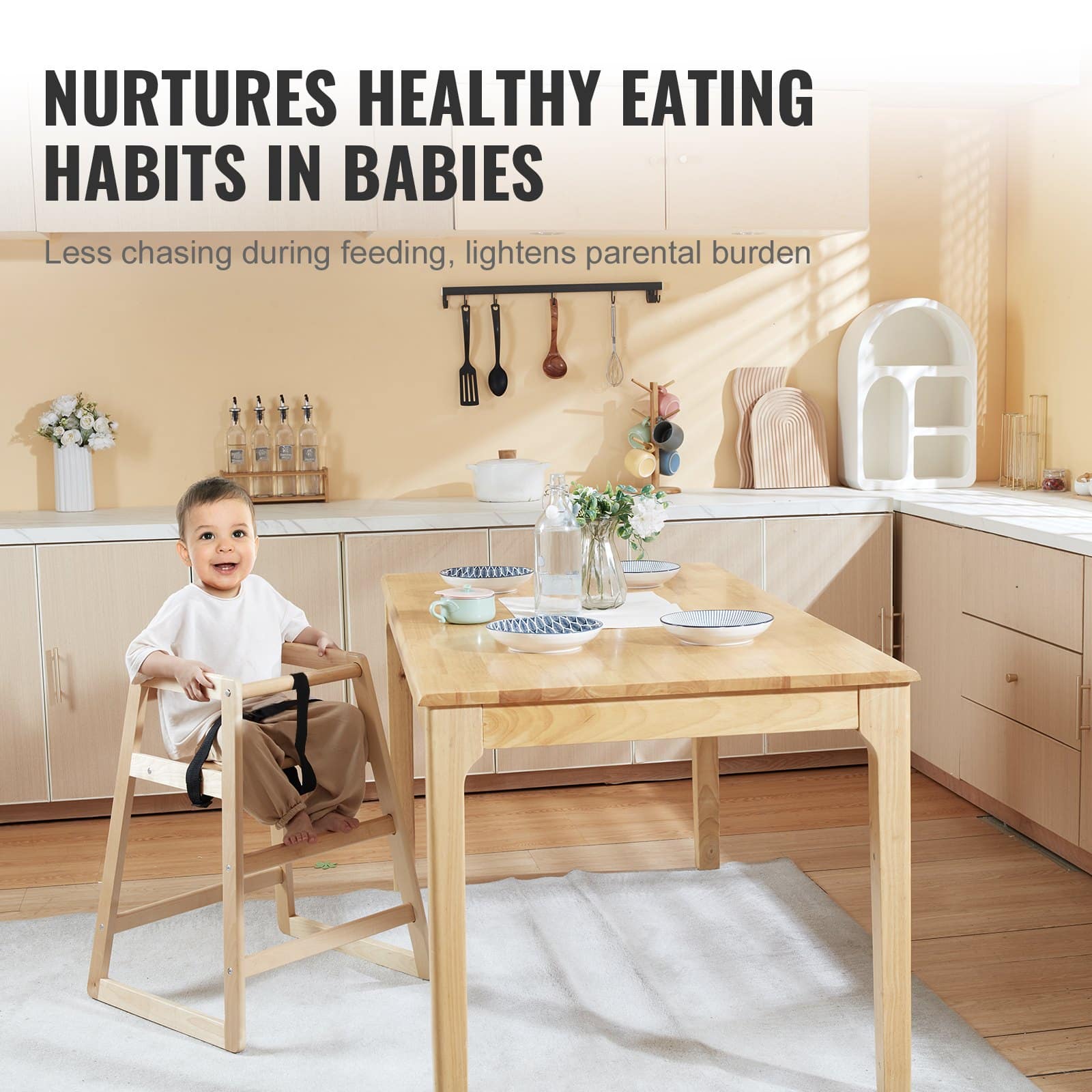 VEVOR Natural Wooden High Chair for Babies & Toddlers, Adjustable Birch Booster Seat with Safety Harness, Easy to Clean - Pilt 4