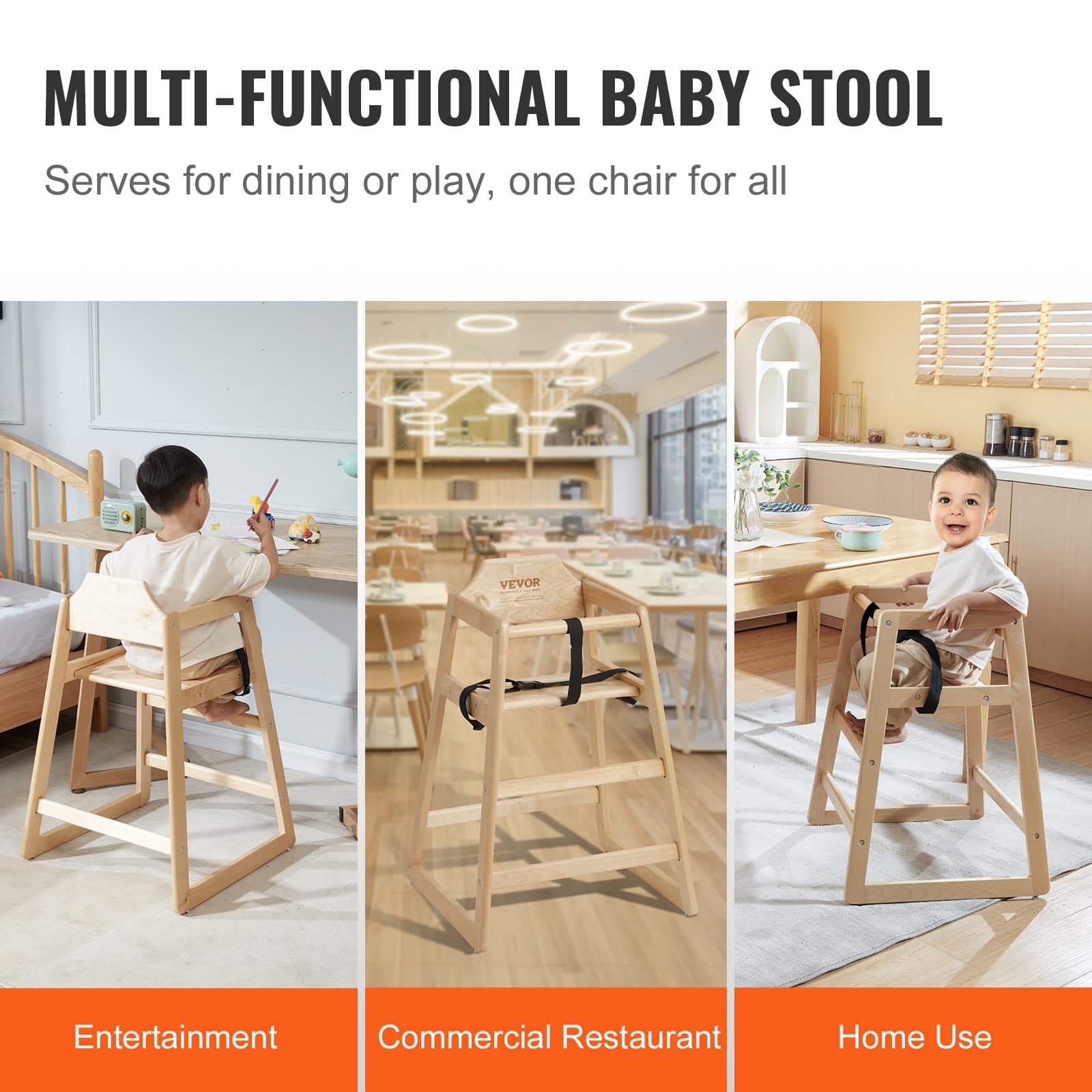 VEVOR Natural Wooden High Chair for Babies & Toddlers, Adjustable Birch Booster Seat with Safety Harness, Easy to Clean - Pilt 6