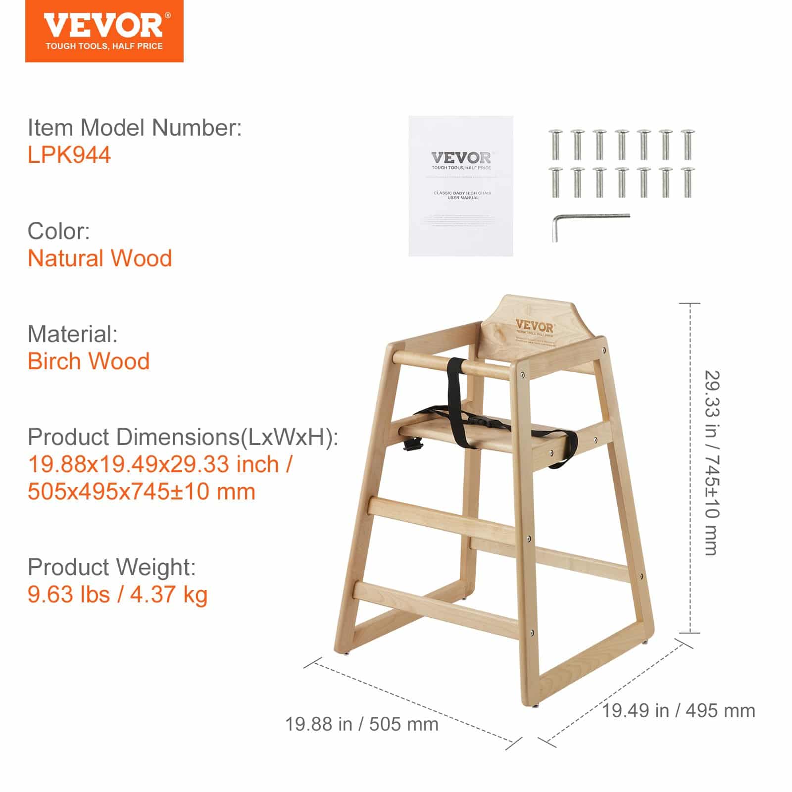 VEVOR Natural Wooden High Chair for Babies & Toddlers, Adjustable Birch Booster Seat with Safety Harness, Easy to Clean - Pilt 7
