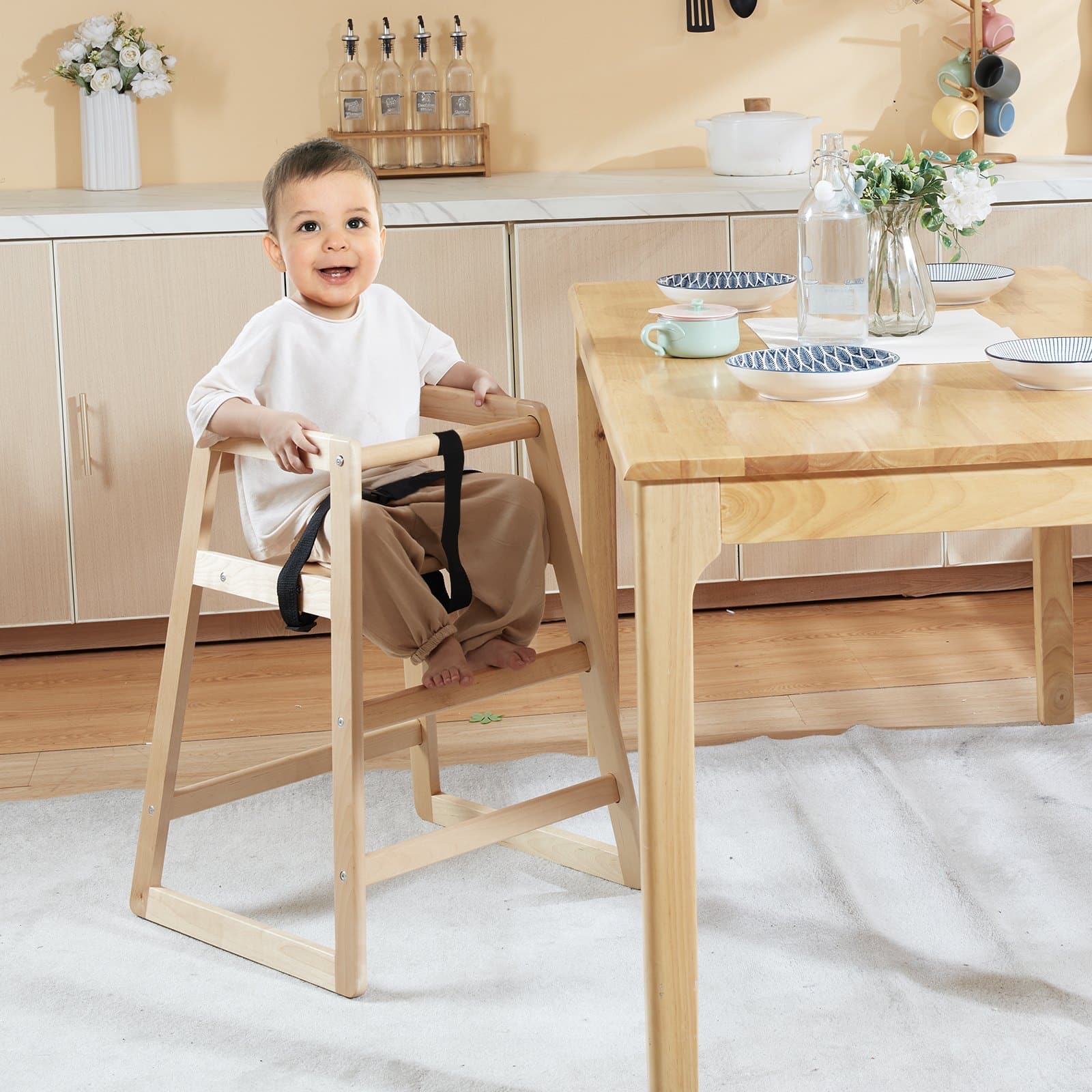 VEVOR Natural Wooden High Chair for Babies & Toddlers, Adjustable Birch Booster Seat with Safety Harness, Easy to Clean - Pilt 8