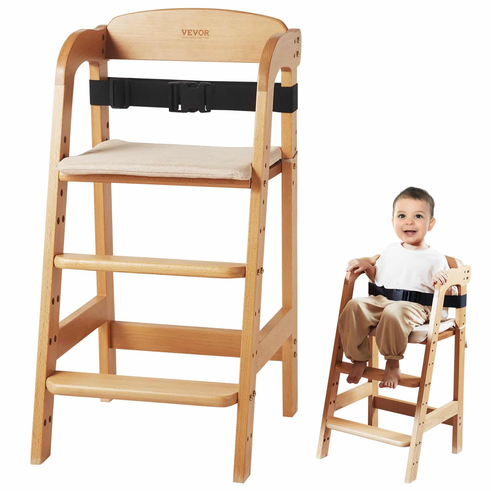 VEVOR Adjustable Beech Wood High Chair for Babies & Toddlers, Convertible Feeding Chair with Cushion, 113 kg Capacity, Natural