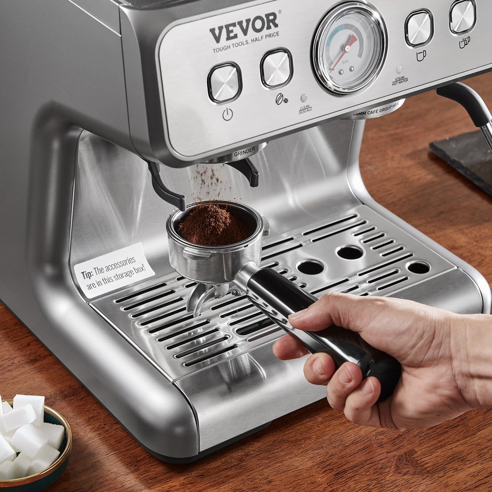 VEVOR 15 Bar Semi-Automatic Espresso Machine with Grinder, Milk Frother, PID Temp Control, 2.8L Tank & Pressure Gauge — attēls 8