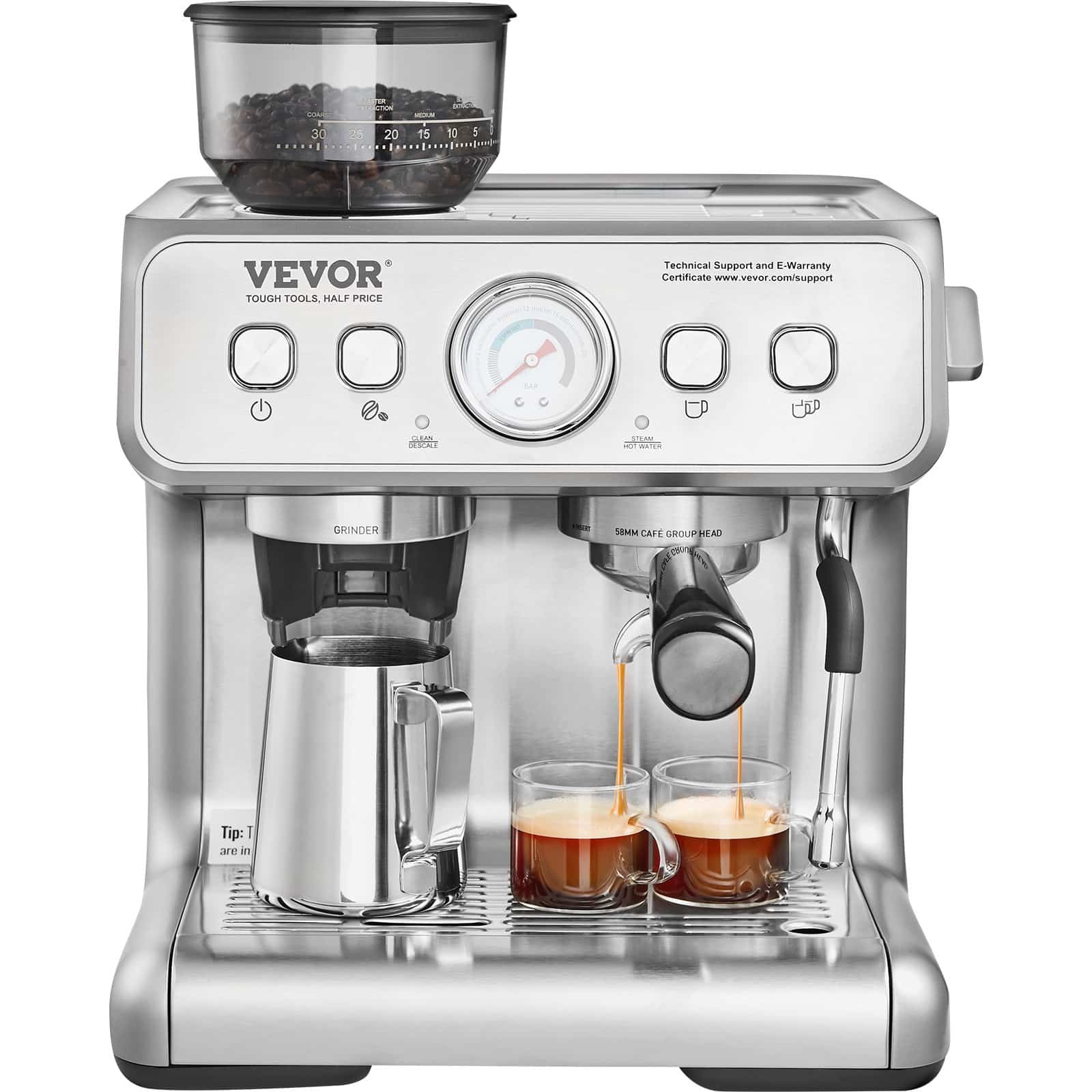VEVOR 15 Bar Semi-Automatic Espresso Machine with Grinder, Milk Frother, PID Temp Control, 2.8L Tank & Pressure Gauge