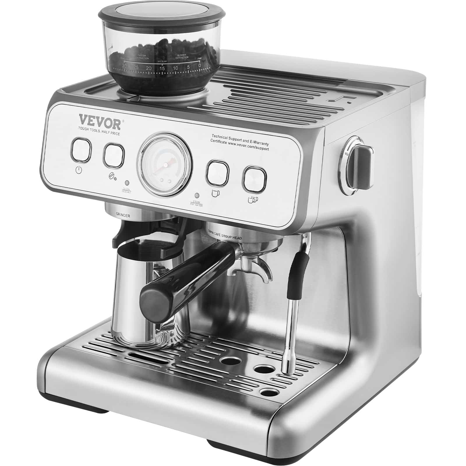 VEVOR 15 Bar Semi-Automatic Espresso Machine with Grinder, Milk Frother, PID Temp Control, 2.8L Tank & Pressure Gauge — attēls 10