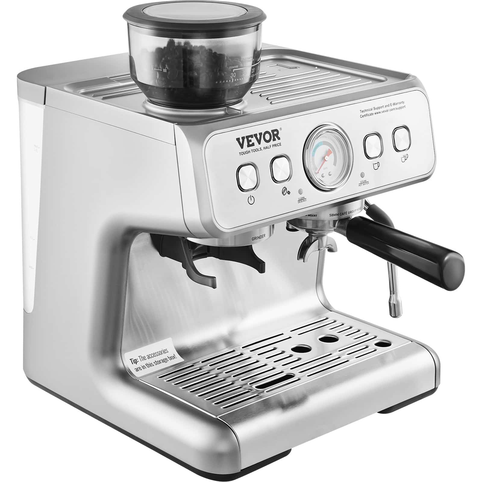VEVOR 15 Bar Semi-Automatic Espresso Machine with Grinder, Milk Frother, PID Temp Control, 2.8L Tank & Pressure Gauge — attēls 12