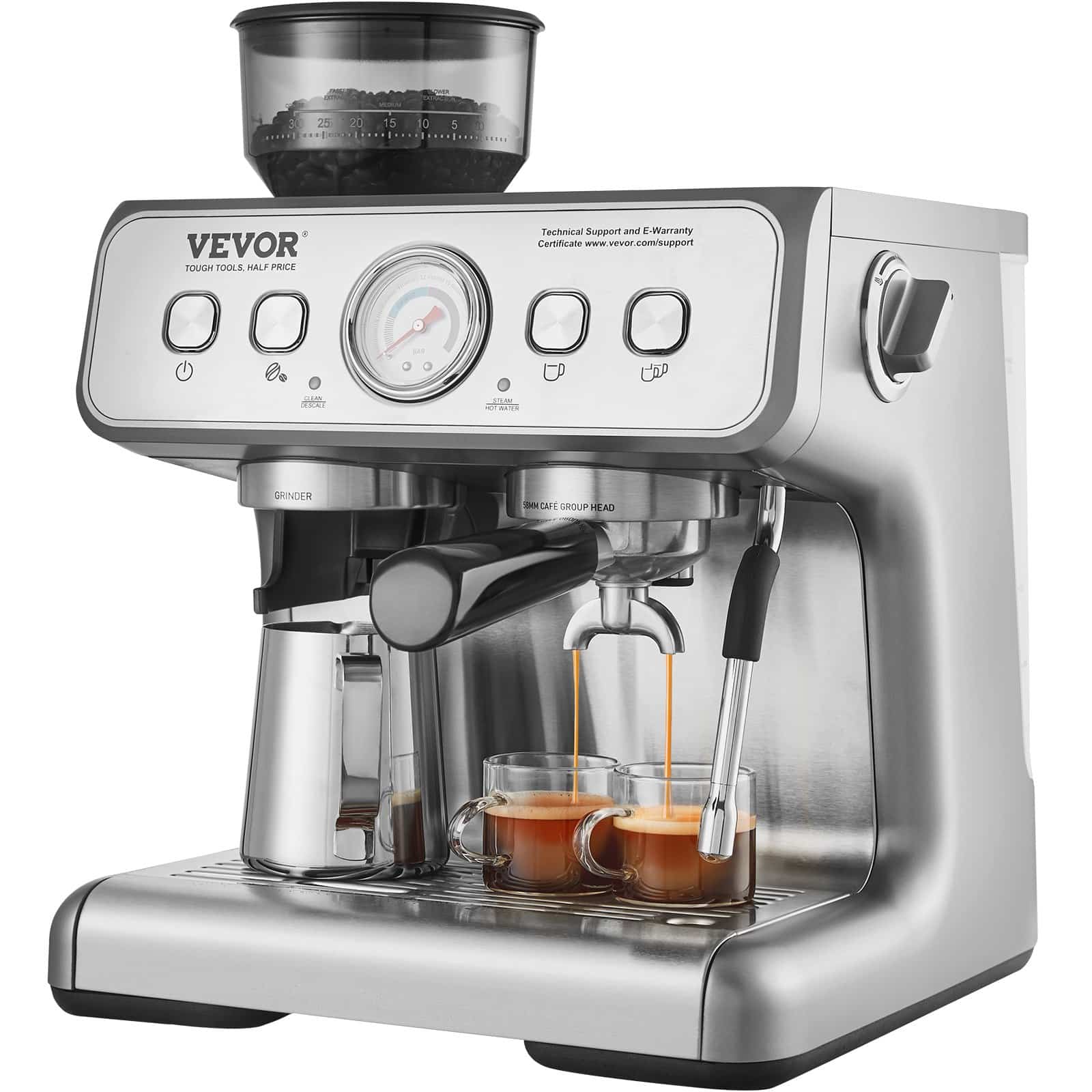 VEVOR 15 Bar Semi-Automatic Espresso Machine with Grinder, Milk Frother, PID Temp Control, 2.8L Tank & Pressure Gauge — attēls 9