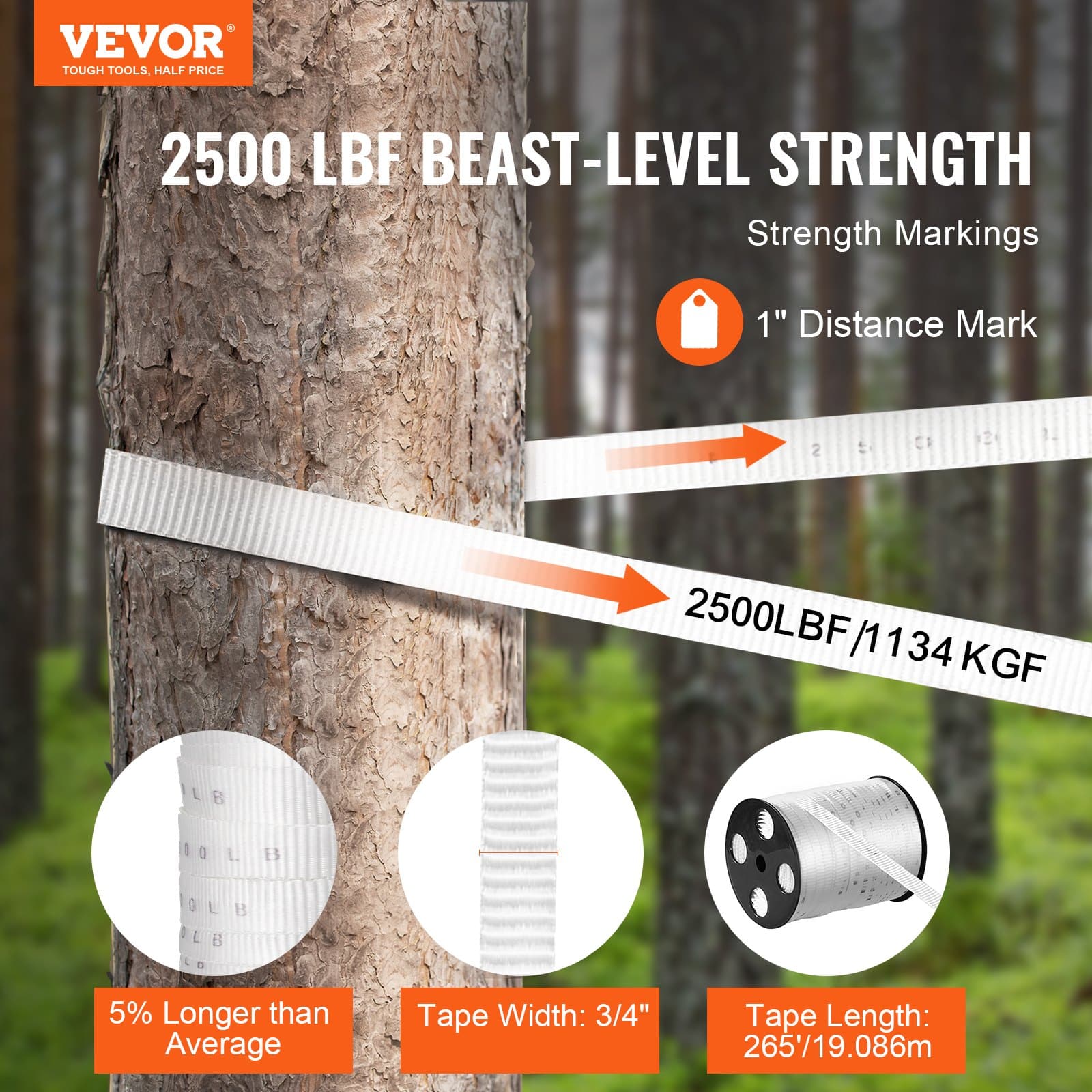 VEVOR 19mm x 81m Polyester Pull Tape, 1134kg Tensile Strength, Flat Mule Rope for Cable Pulling, Packaging, White - Image 2