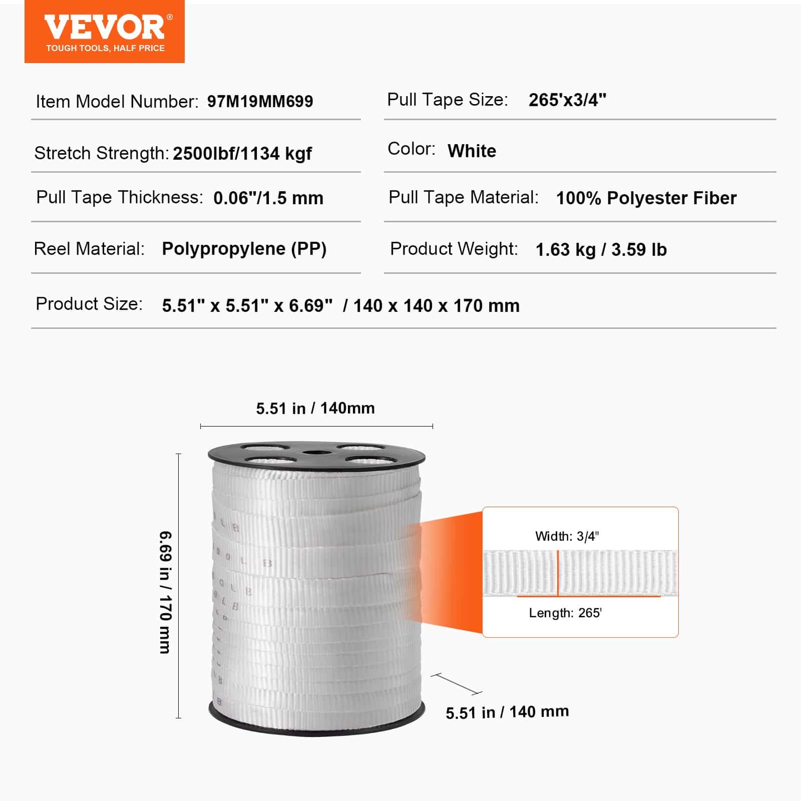 VEVOR 19mm x 81m Polyester Pull Tape, 1134kg Tensile Strength, Flat Mule Rope for Cable Pulling, Packaging, White - Image 7
