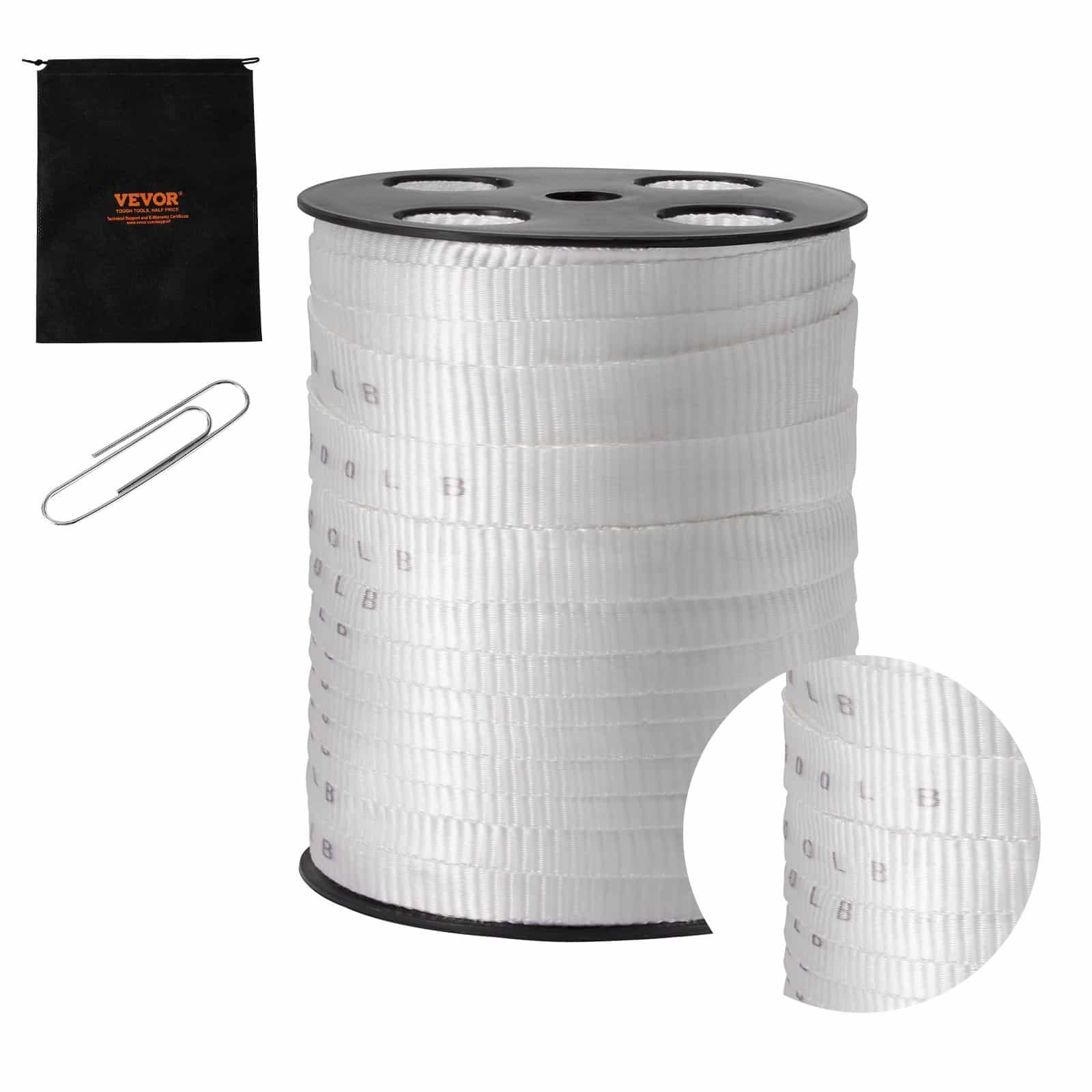 VEVOR 19mm x 81m Polyester Pull Tape, 1134kg Tensile Strength, Flat Mule Rope for Cable Pulling, Packaging, White