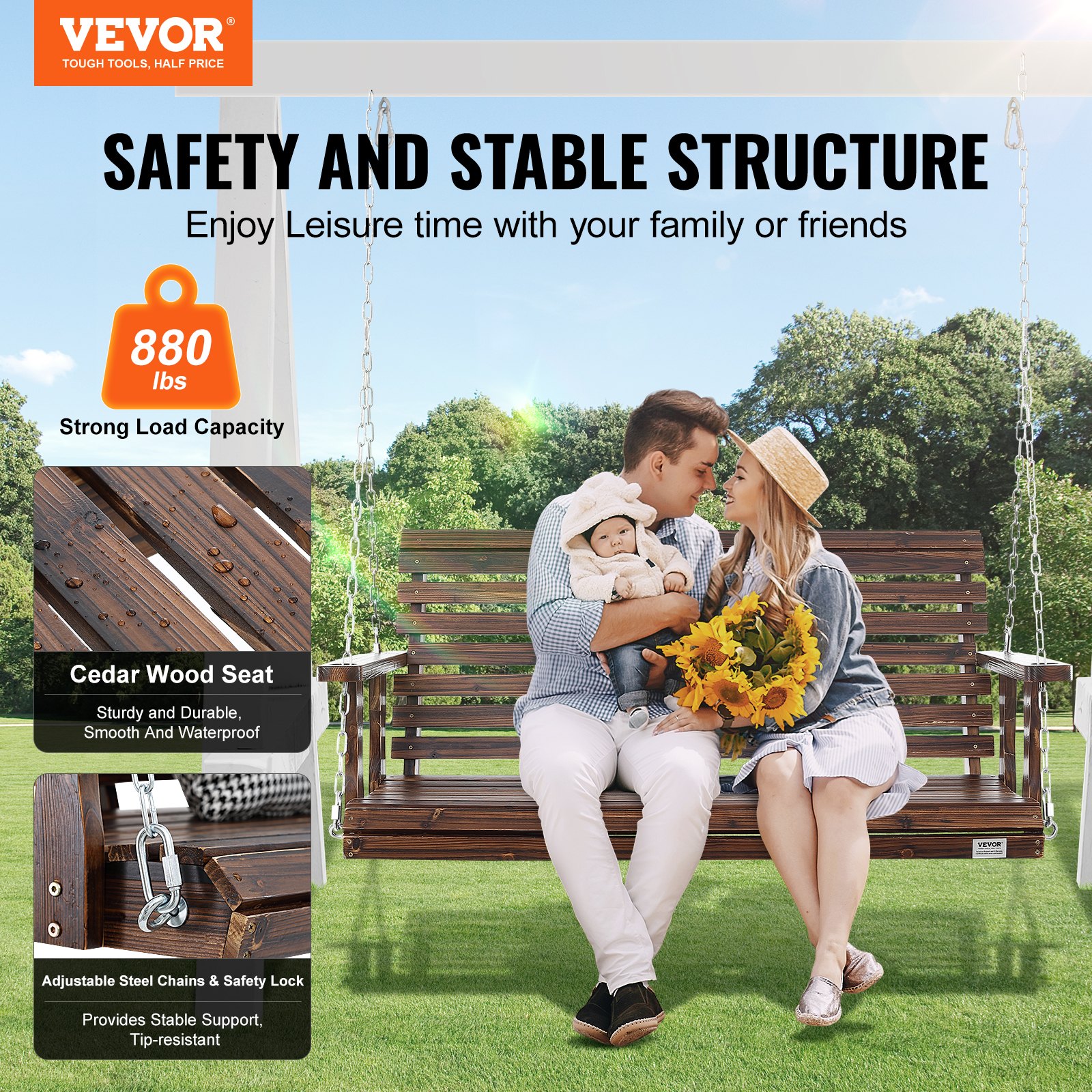 VEVOR 137 cm Wooden Porch Swing Bench with Chains, Heavy-Duty 400 kg Load, Weatherproof Garden Seat for 2-3 People, Brown - Зображення 2