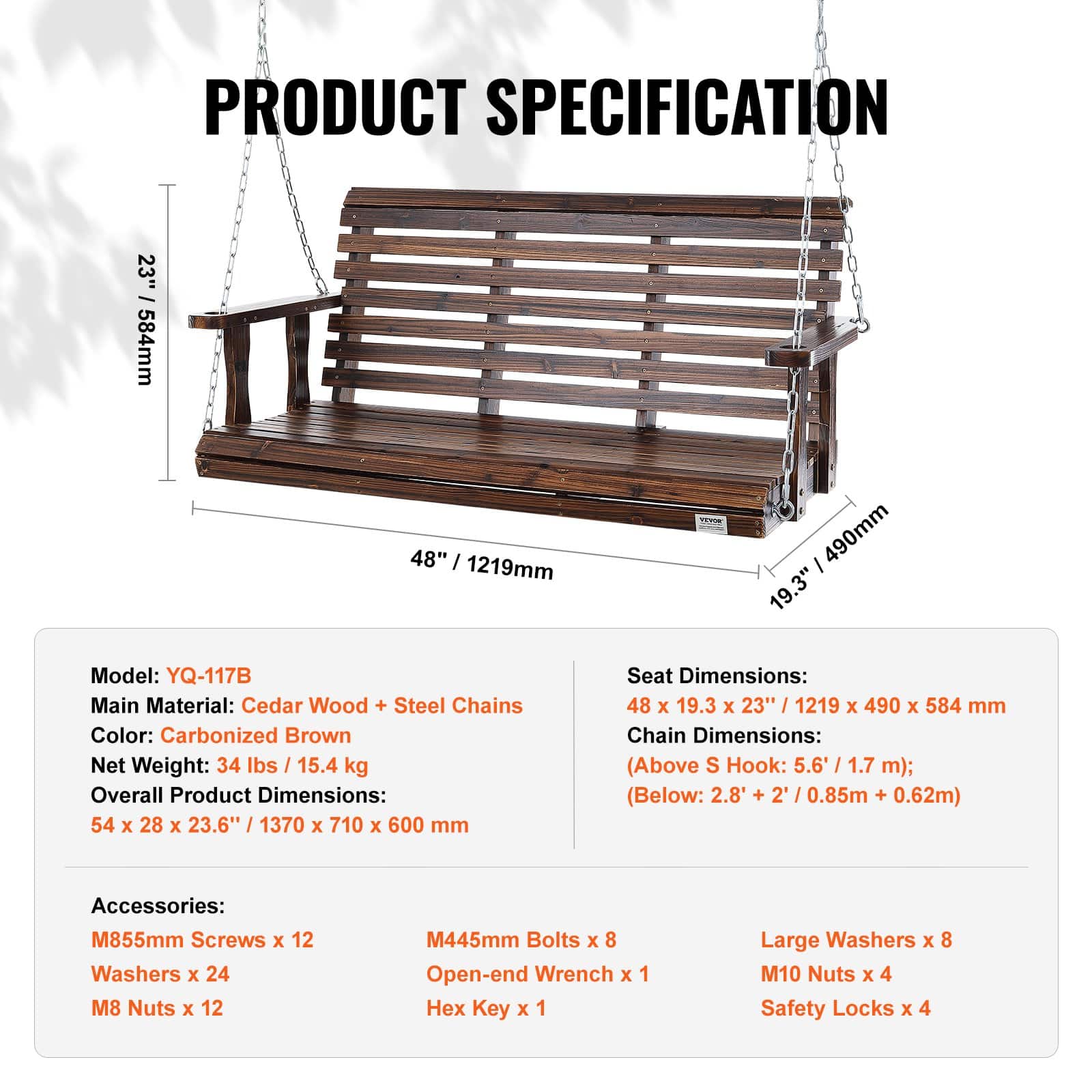 VEVOR 137 cm Wooden Porch Swing Bench with Chains, Heavy-Duty 400 kg Load, Weatherproof Garden Seat for 2-3 People, Brown - Зображення 7