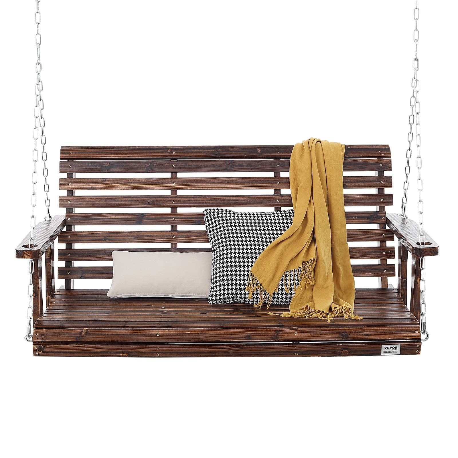 VEVOR 137 cm Wooden Porch Swing Bench with Chains, Heavy-Duty 400 kg Load, Weatherproof Garden Seat for 2-3 People, Brown - Зображення 11