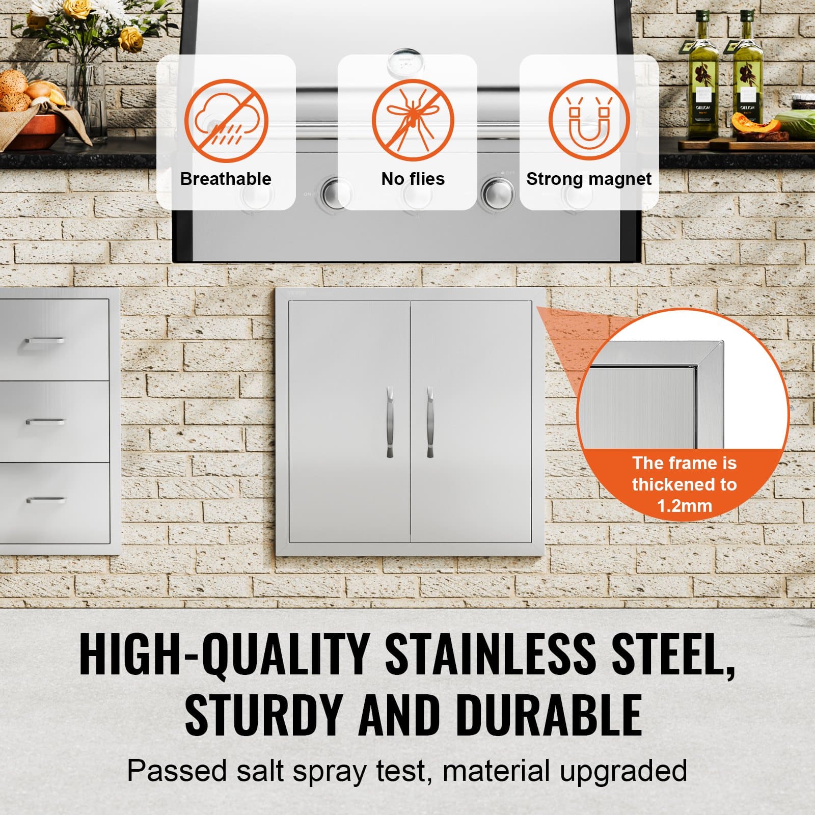VEVOR 610x610 mm Stainless Steel Double BBQ Access Door with Hooks, Vertical Flush Mount for Outdoor Kitchen Cabinet - Image 3