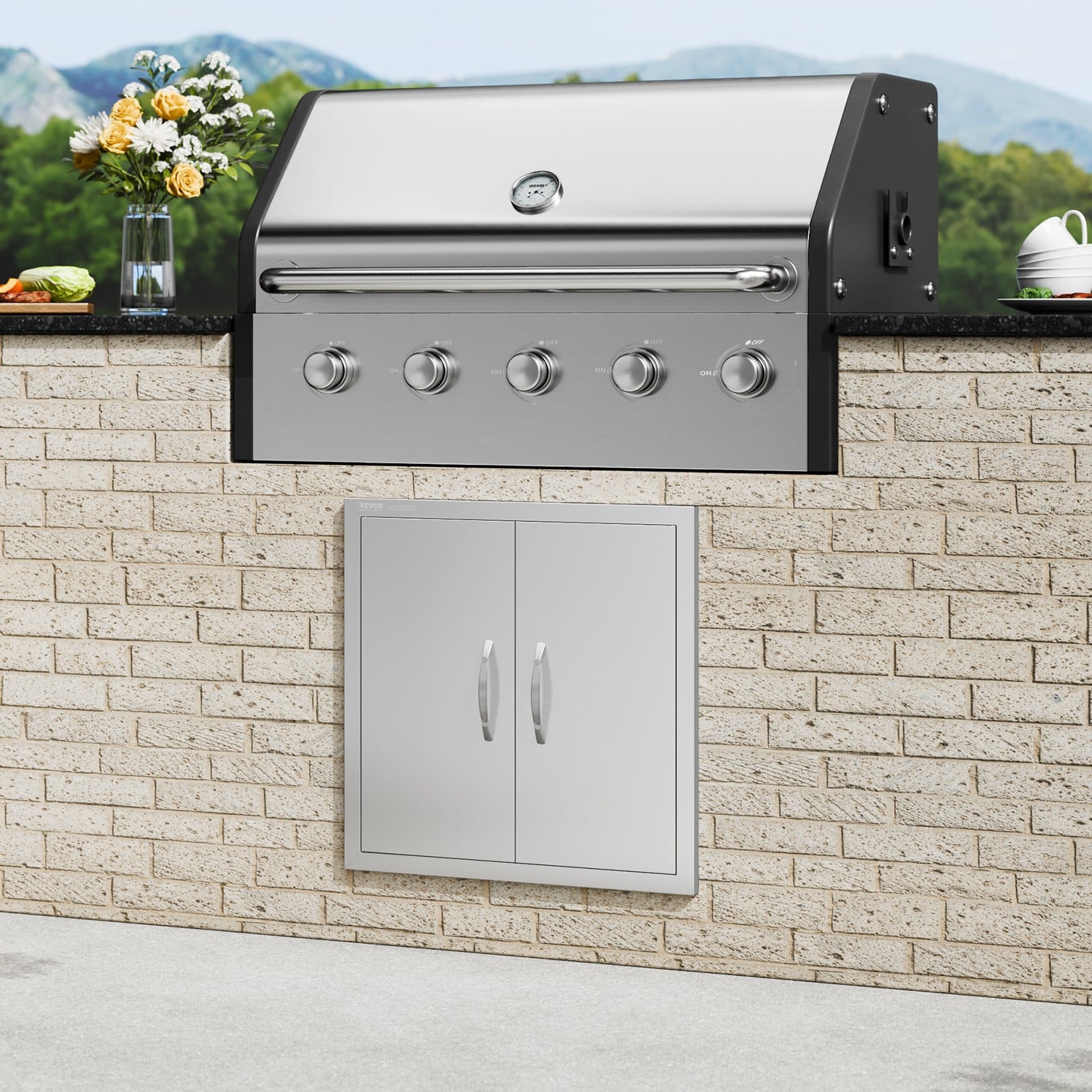 VEVOR 610x610 mm Stainless Steel Double BBQ Access Door with Hooks, Vertical Flush Mount for Outdoor Kitchen Cabinet - Image 8