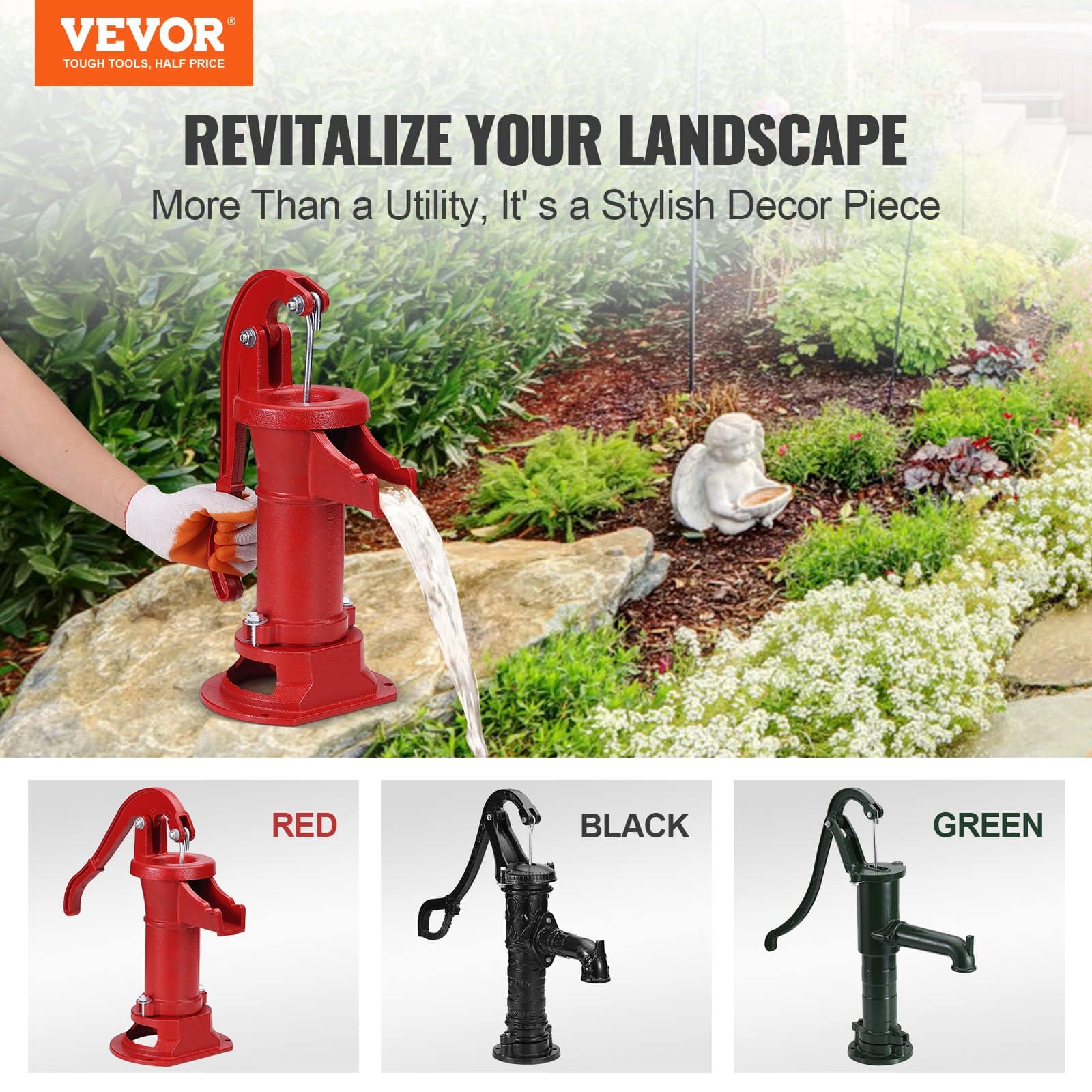 VEVOR Cast Iron Antique Hand Water Pump, Manual Pitcher Pump with 7.6m Lift, Ergonomic Handle, Easy Install, Outdoor Use, Red — изображение 2